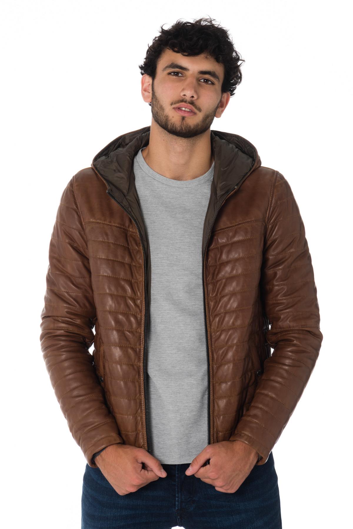 Men's down jacket with hood in cognac sheep leather - Image n°6