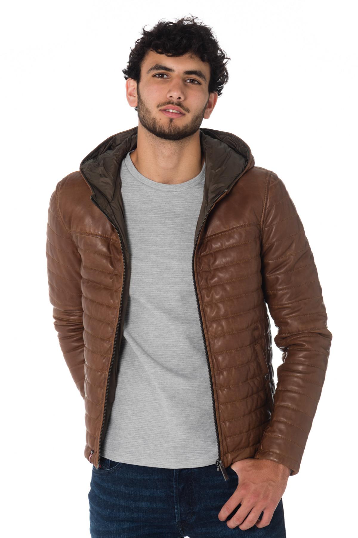 Men's down jacket with hood in cognac sheep leather - Image n°8