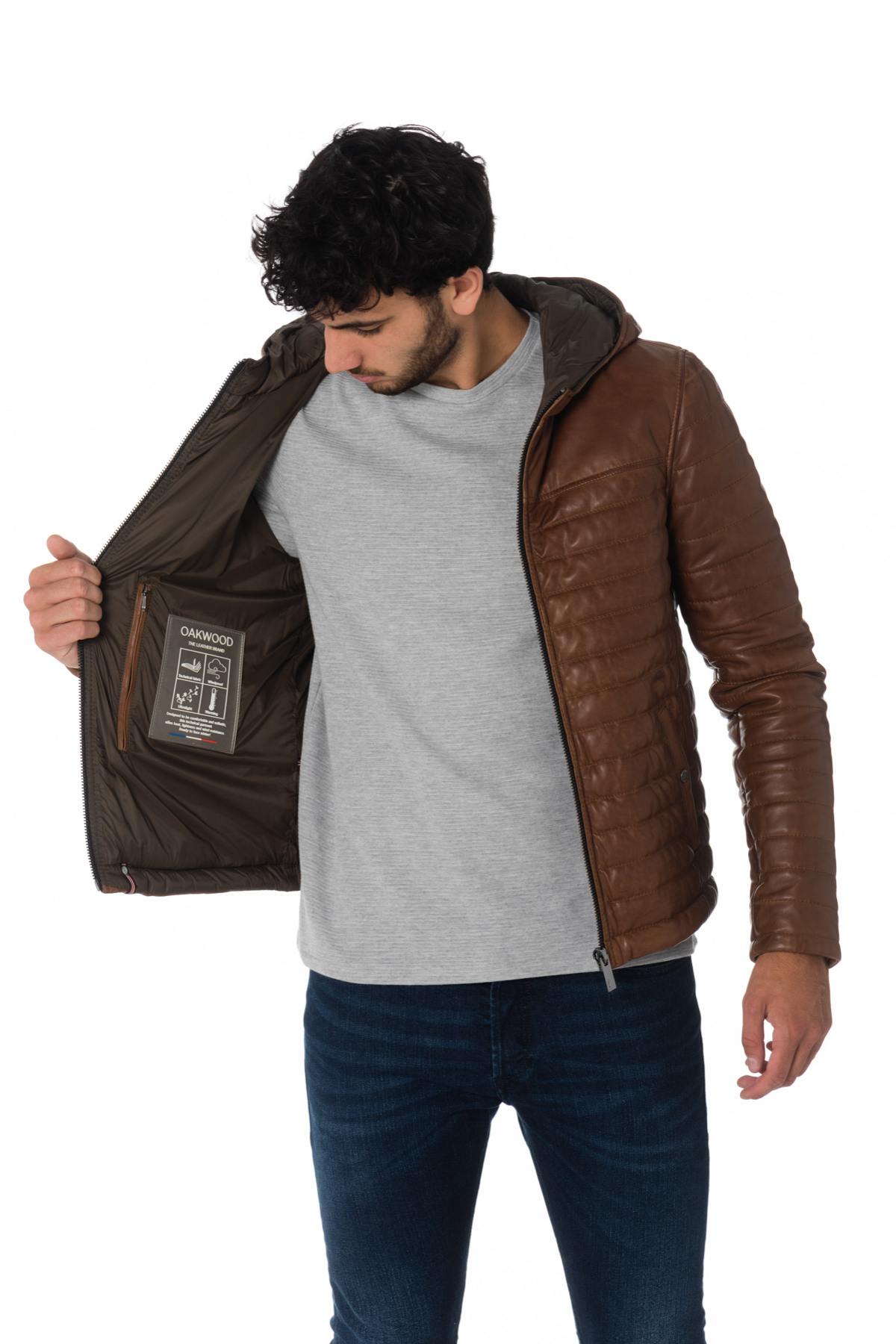 Men's down jacket with hood in cognac sheep leather - Image n°5