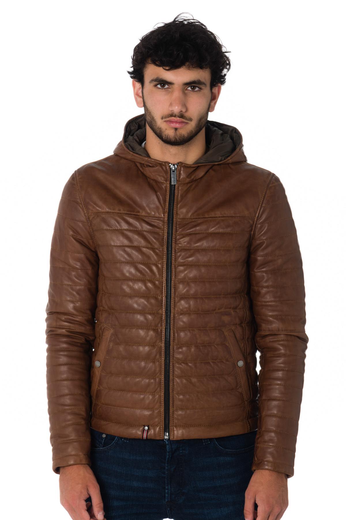 Men's down jacket with hood in cognac sheep leather - Image n°7