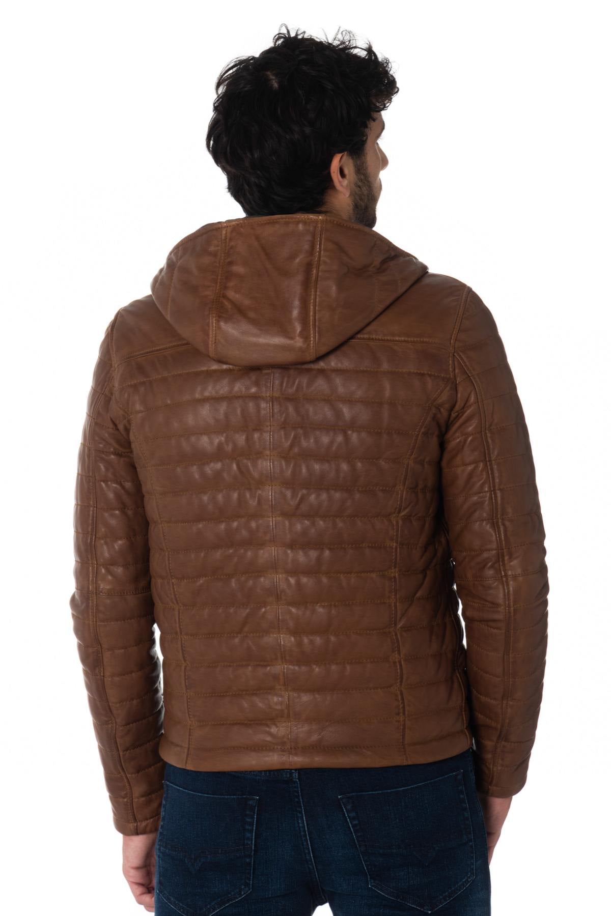 Men's down jacket with hood in cognac sheep leather - Image n°4