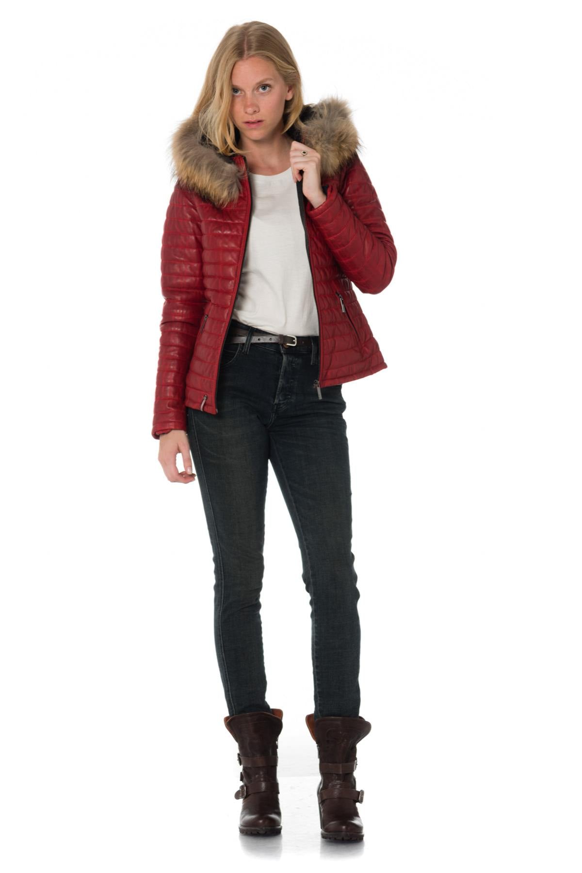 Women's down jacket in sheepskin with raccoon fur - Image n°2