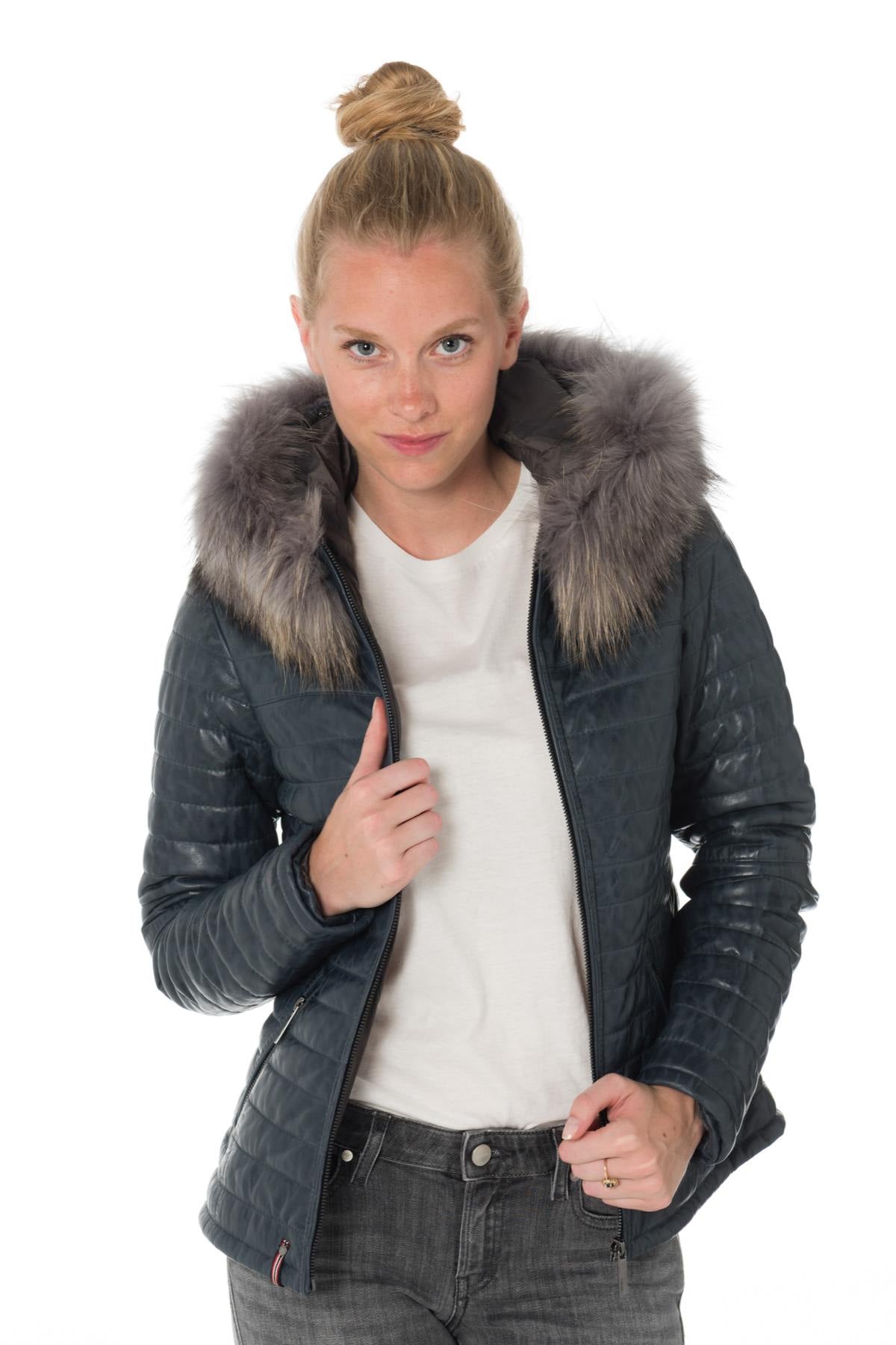 Women's aged blue down jacket with raccoon fur - Image n°4