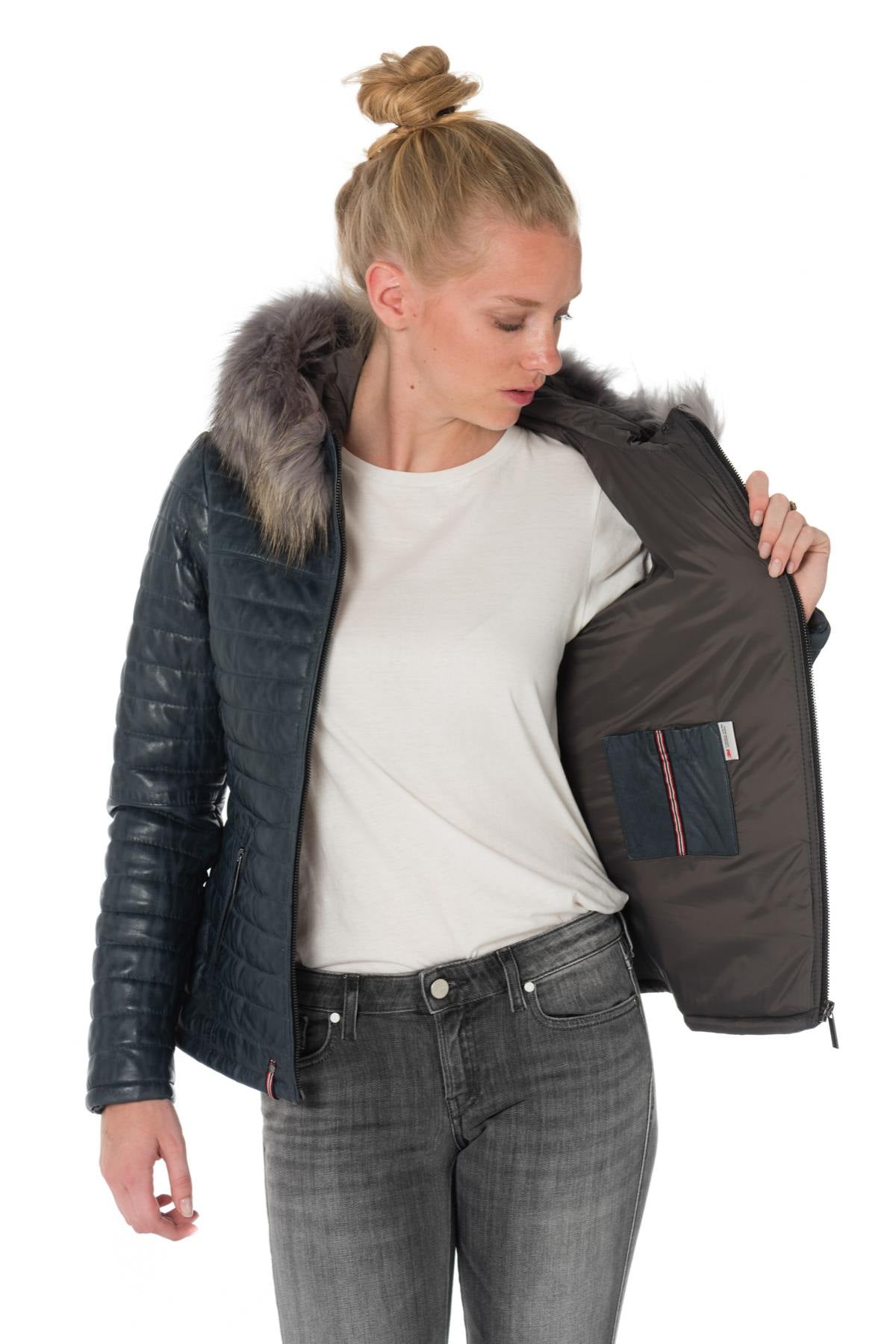 Women's aged blue down jacket with raccoon fur - Image n°5