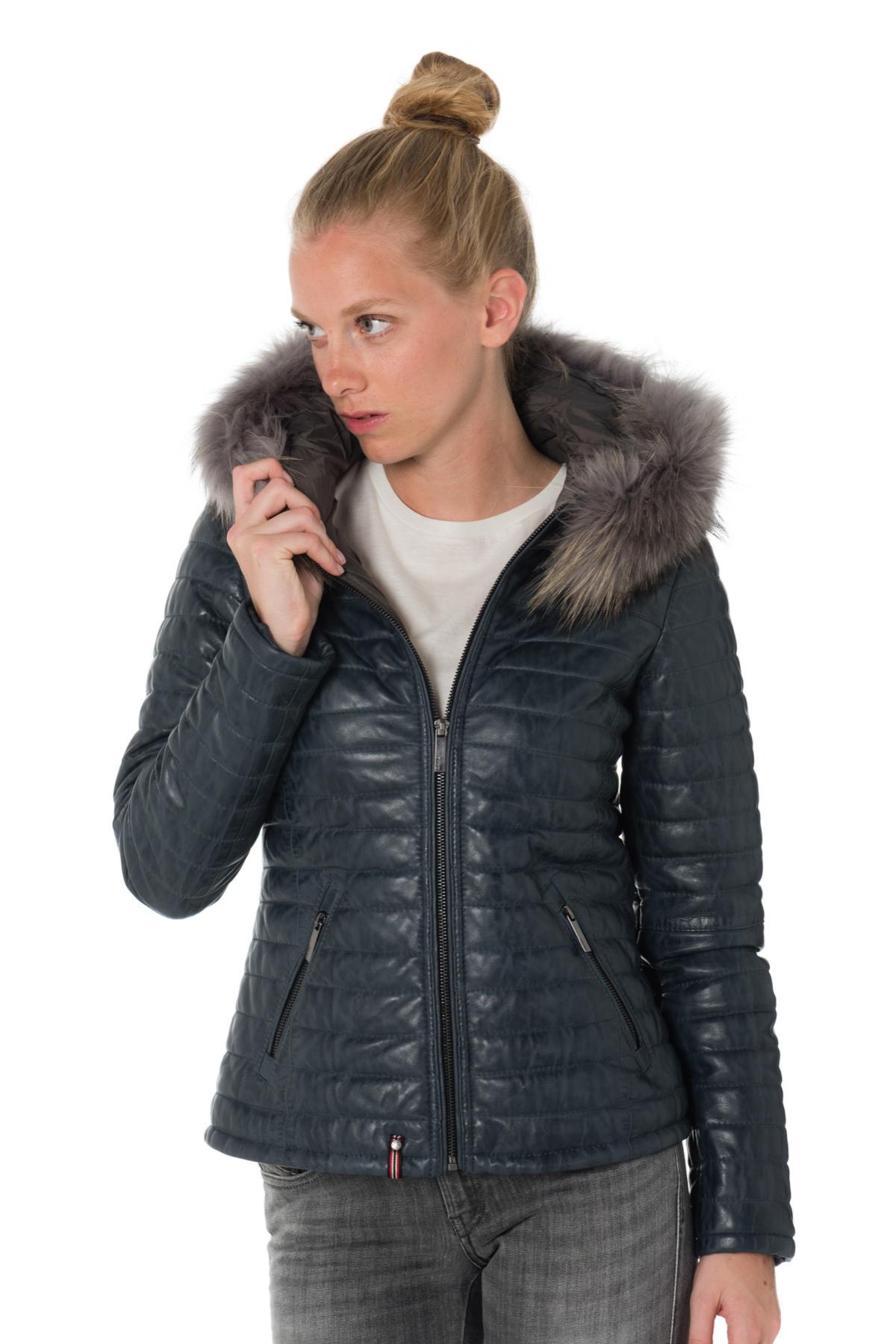 Women's aged blue down jacket with raccoon fur - Image n°2