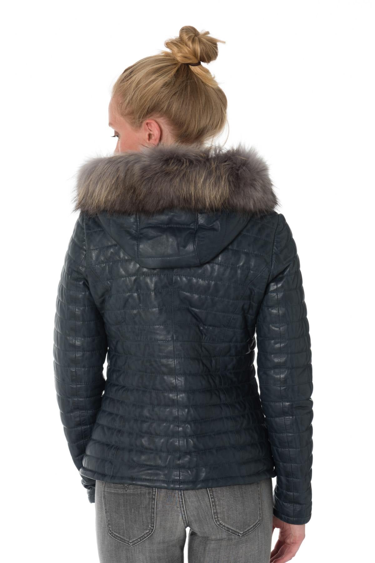 Women's aged blue down jacket with raccoon fur - Image n°6