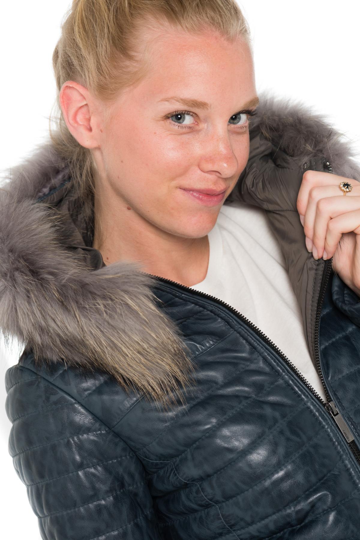 Women's aged blue down jacket with raccoon fur - Image n°8