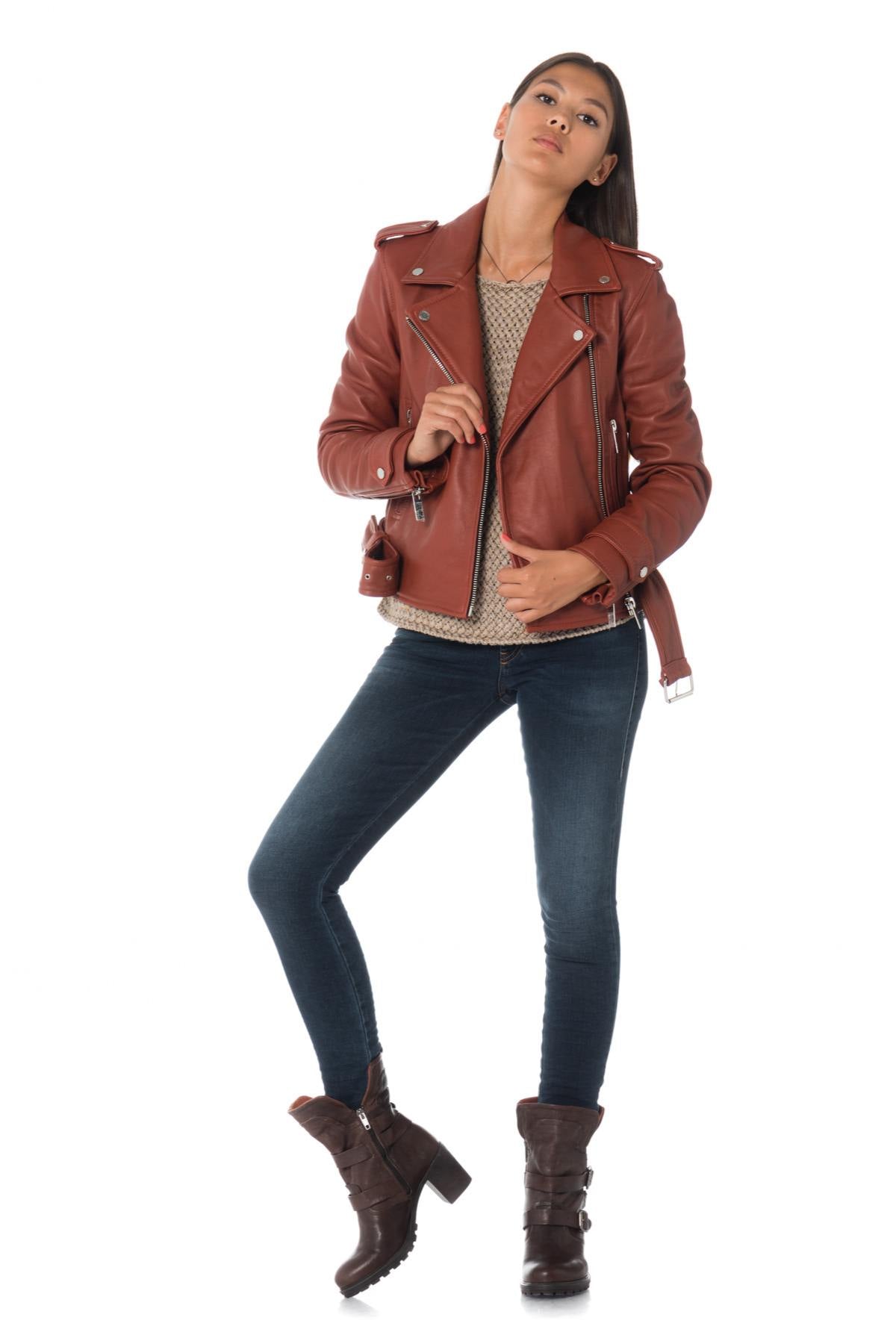 Women's rust-colored sheepskin leather perfecto Oakwood - Image n°2