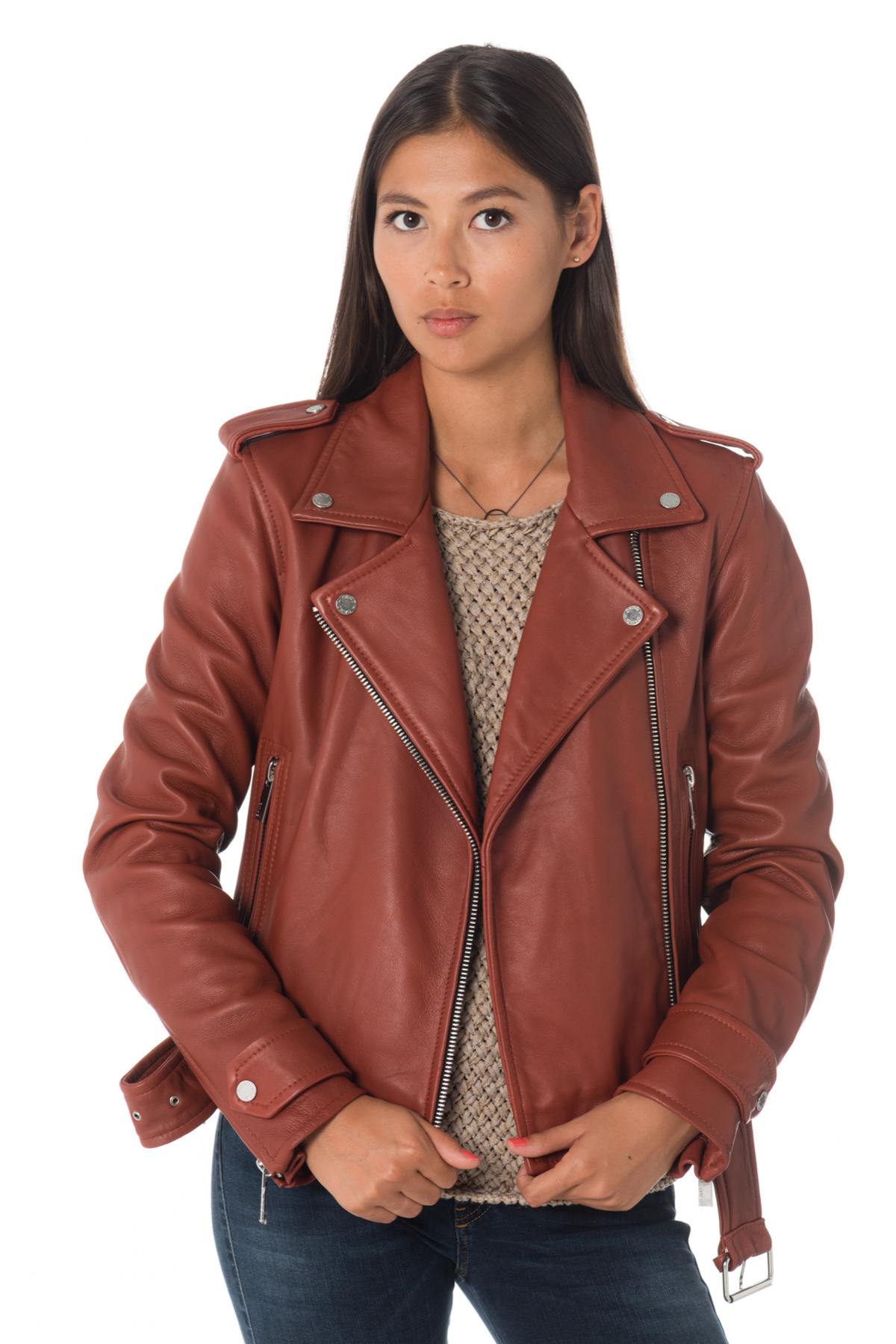 Women's rust-colored sheepskin leather perfecto Oakwood - Image n°3