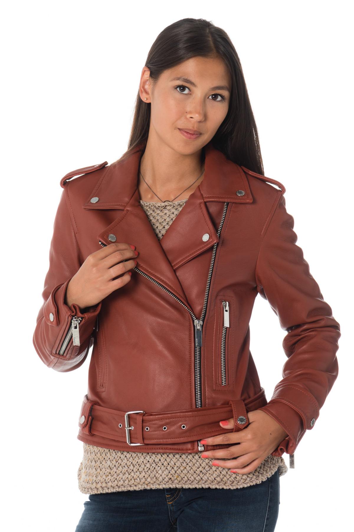 Women's rust-colored sheepskin leather perfecto Oakwood - Image n°1