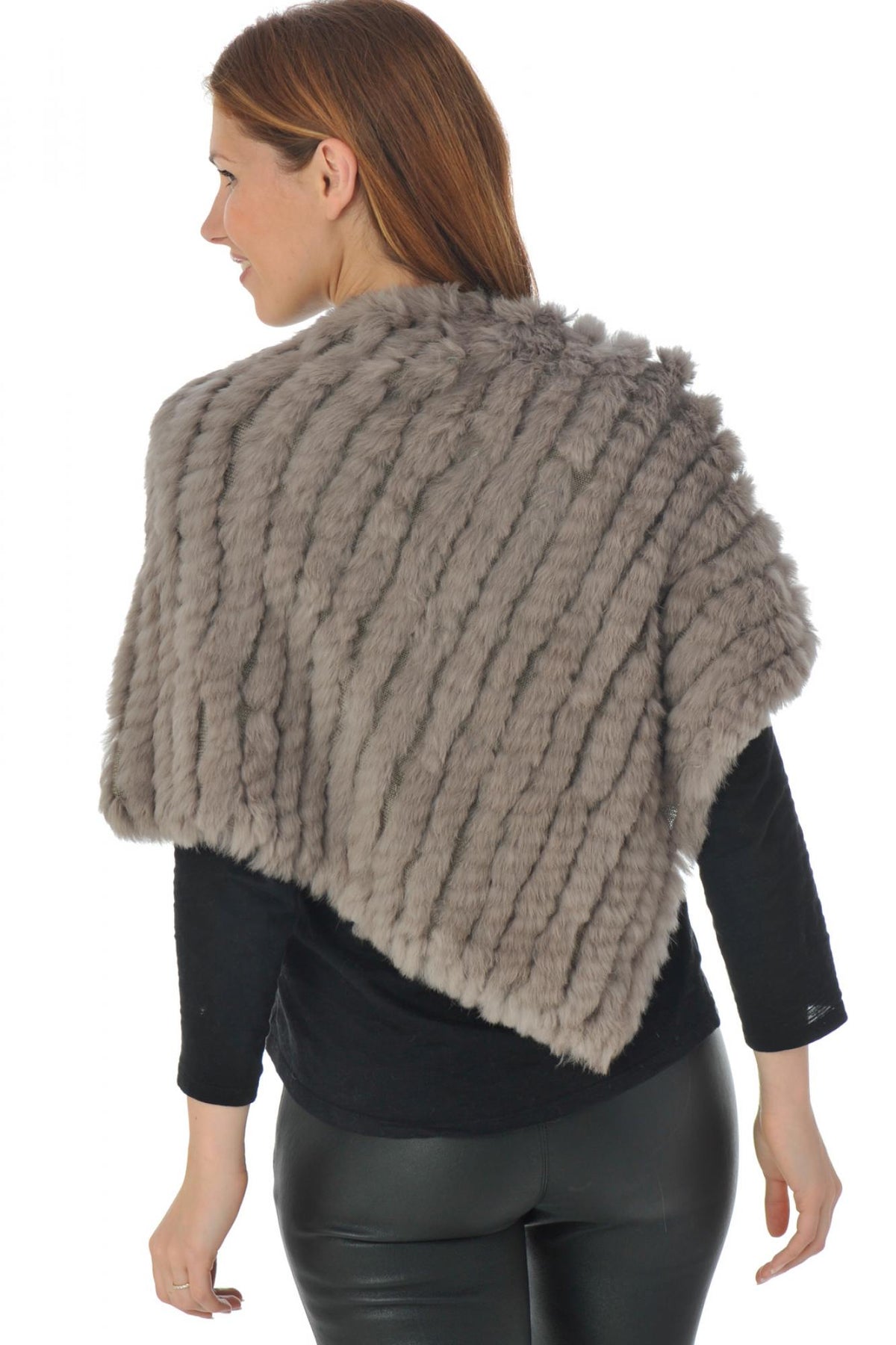 Women's dark beige woven rabbit poncho - Image n°3