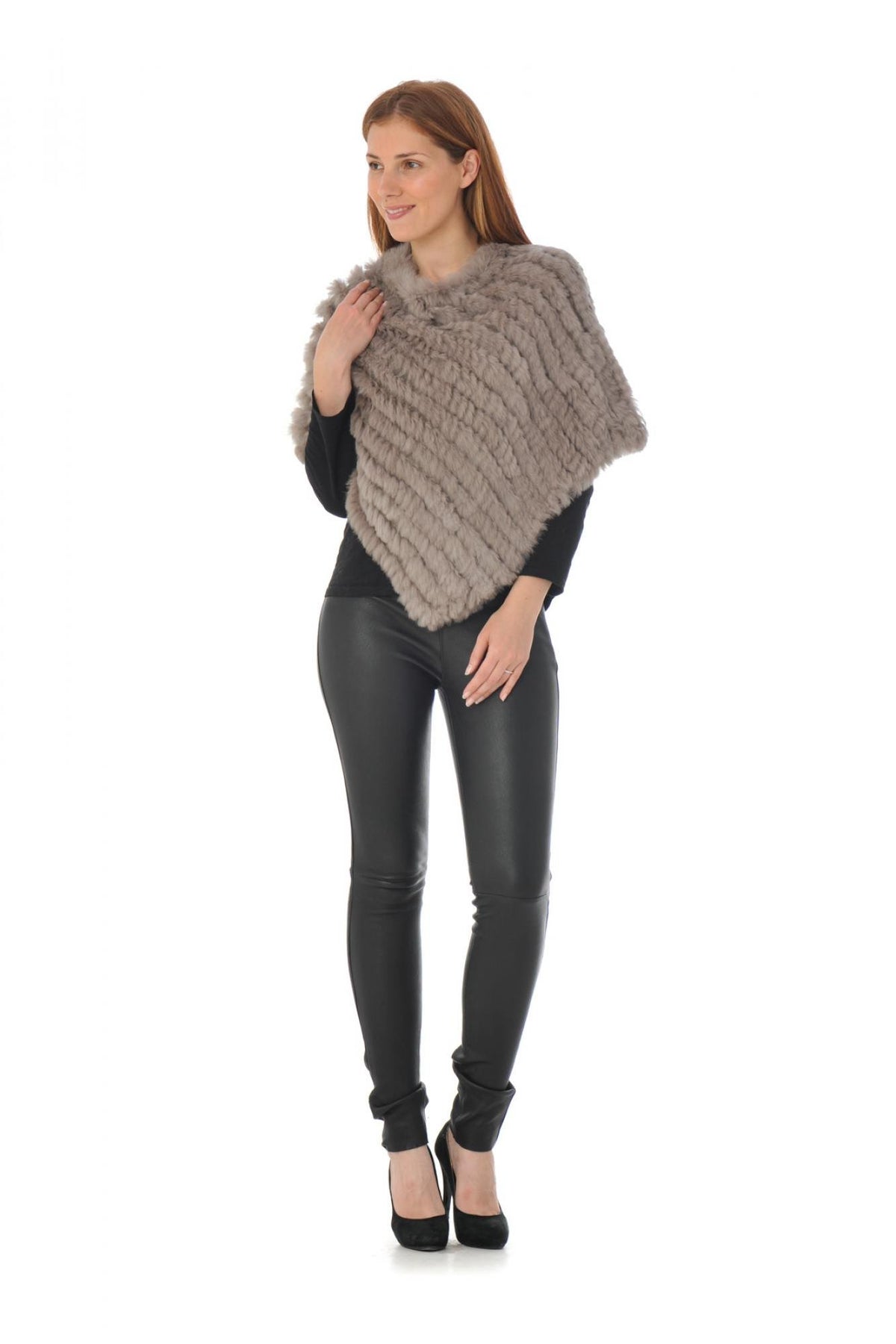 Women's dark beige woven rabbit poncho - Image n°2