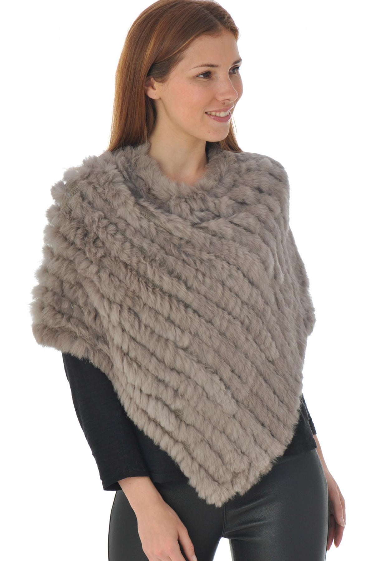 Women's dark beige woven rabbit poncho - Image n°1