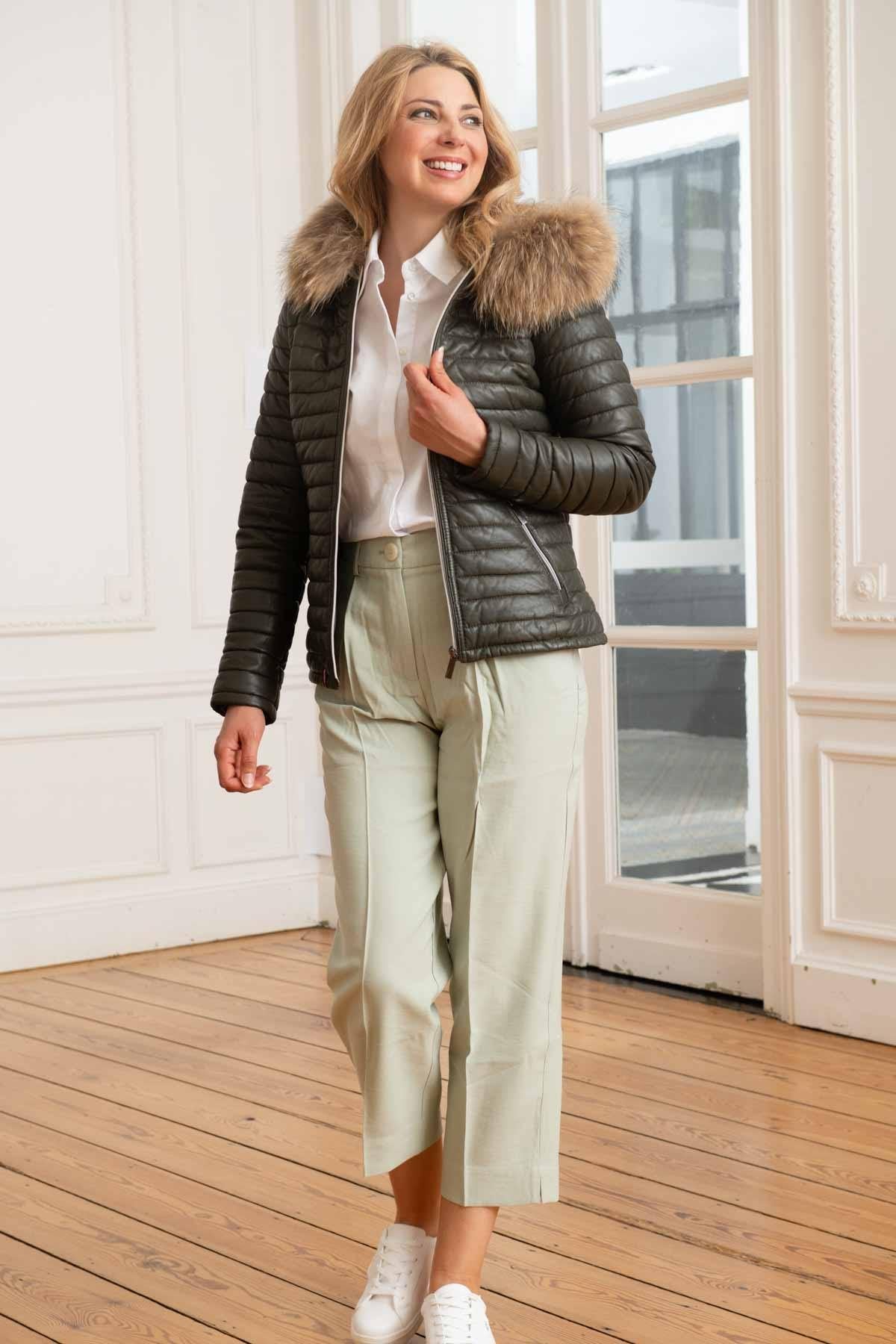 Khaki sheepskin leather down jacket - Image n°4