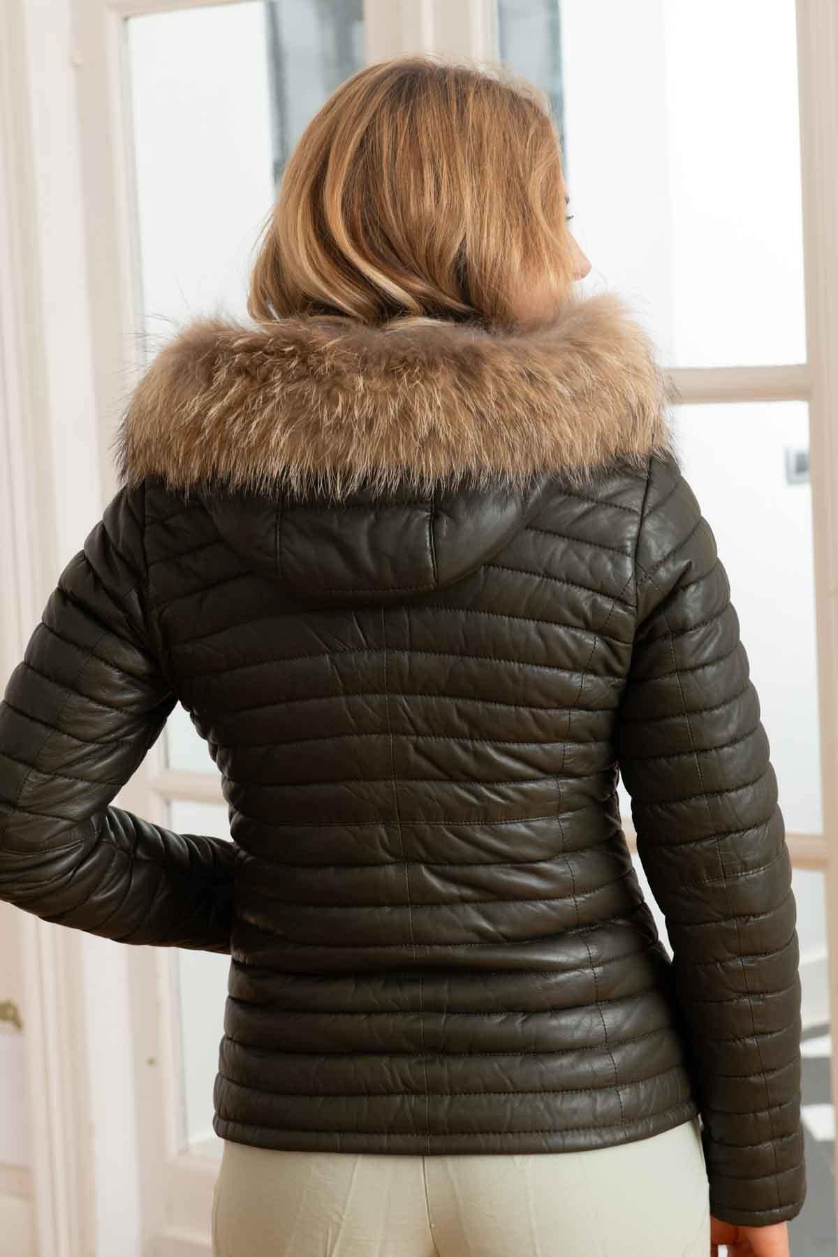 Khaki sheepskin leather down jacket - Image n°3