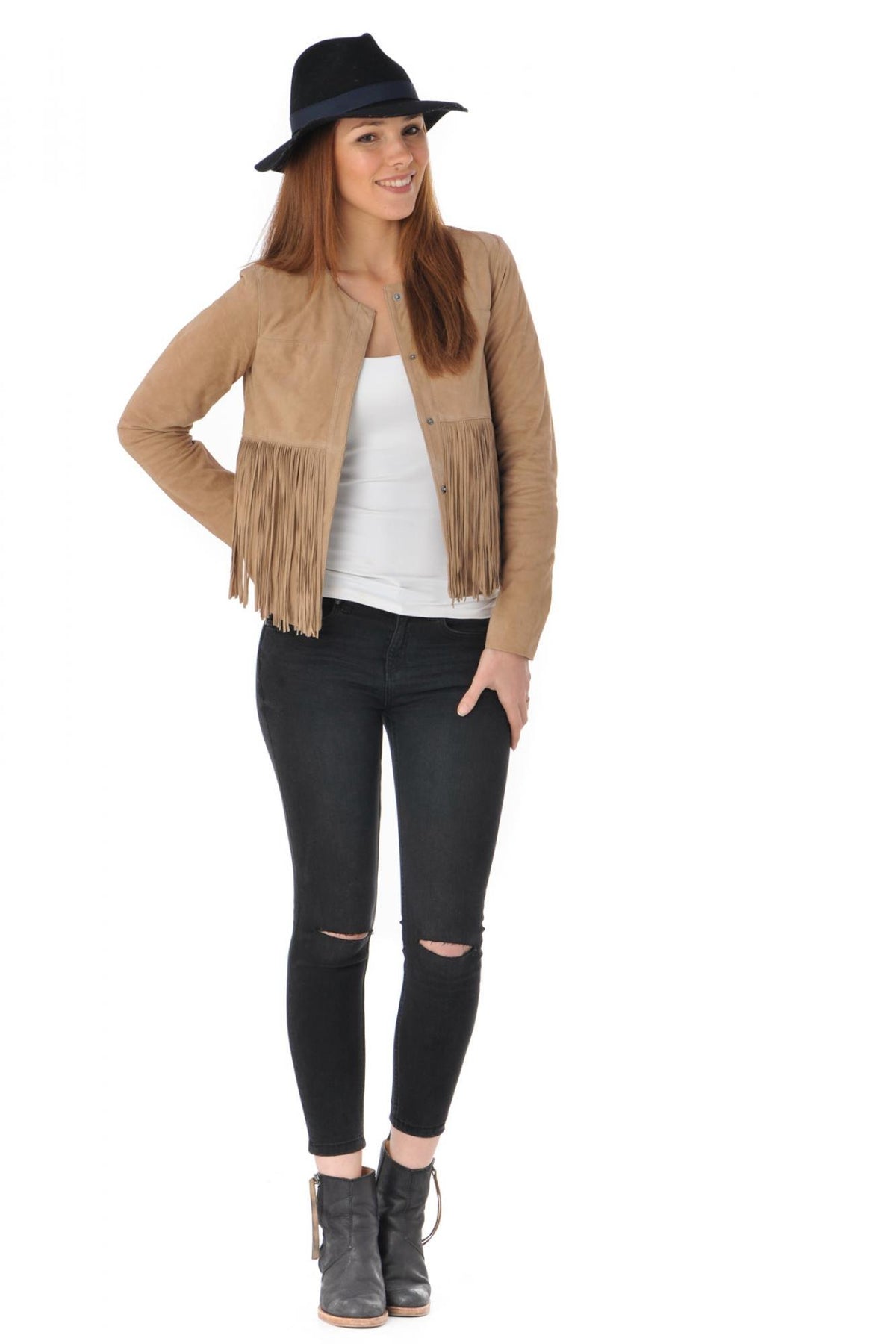 Suede-look leather jacket with braid and fringes - Image n°2