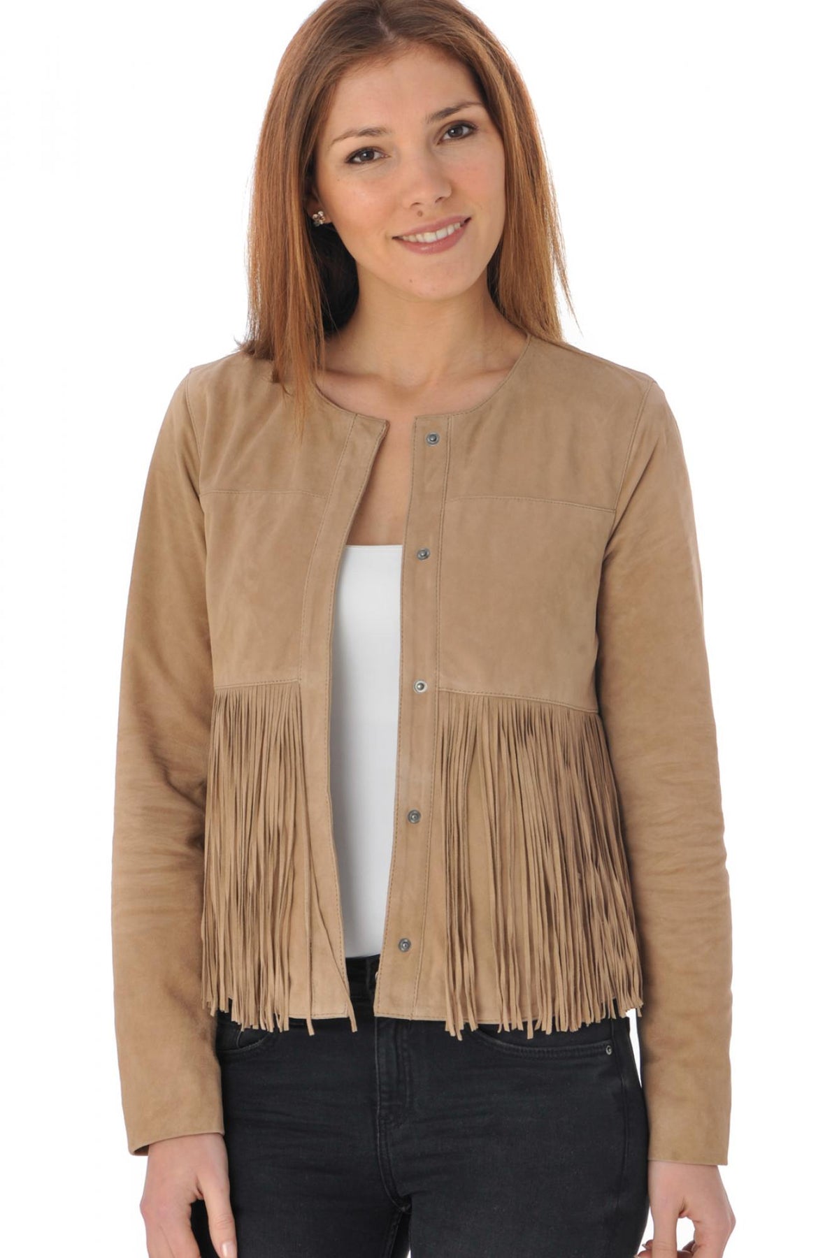 Suede-look leather jacket with braid and fringes - Image n°1