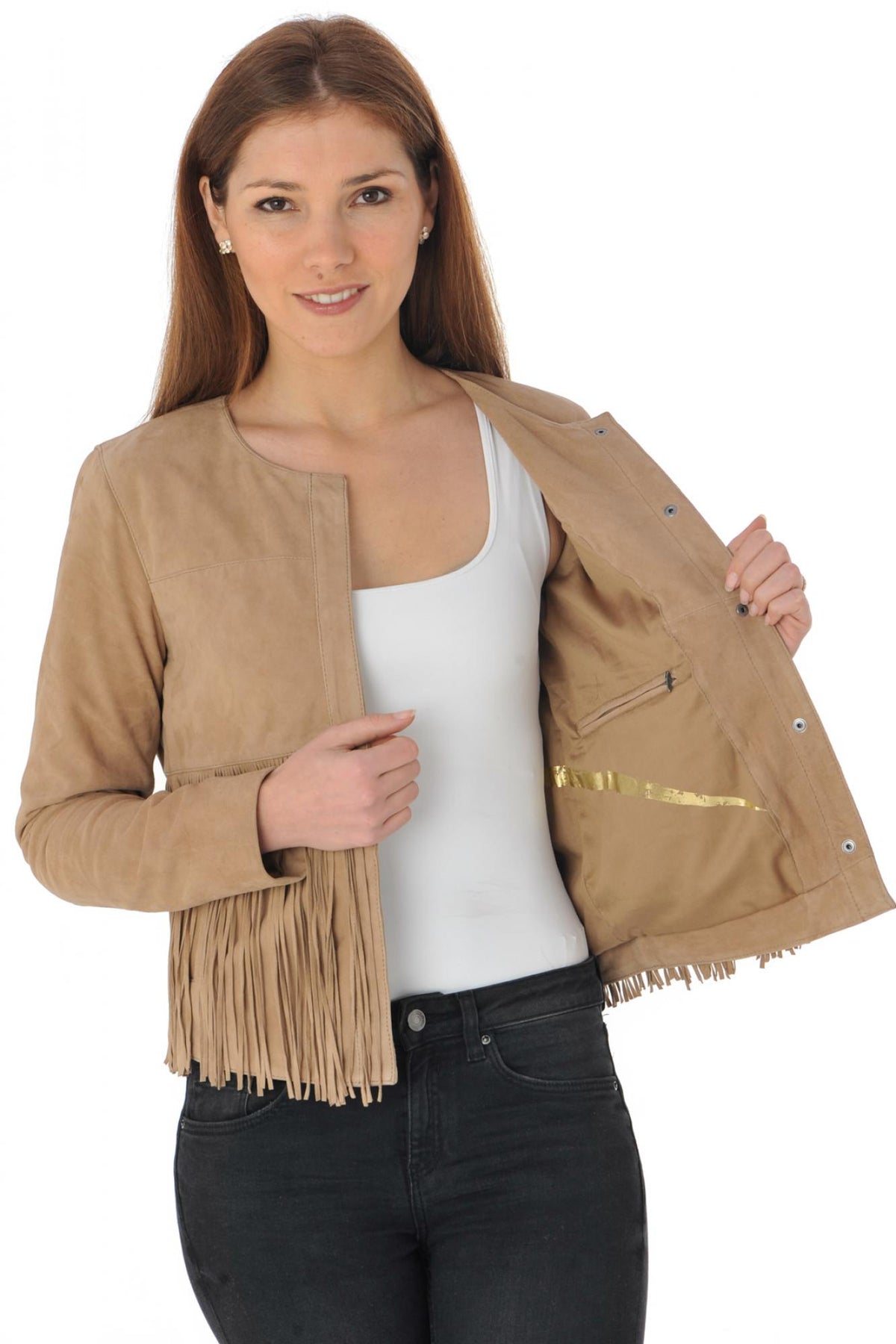 Suede-look leather jacket with braid and fringes - Image n°6