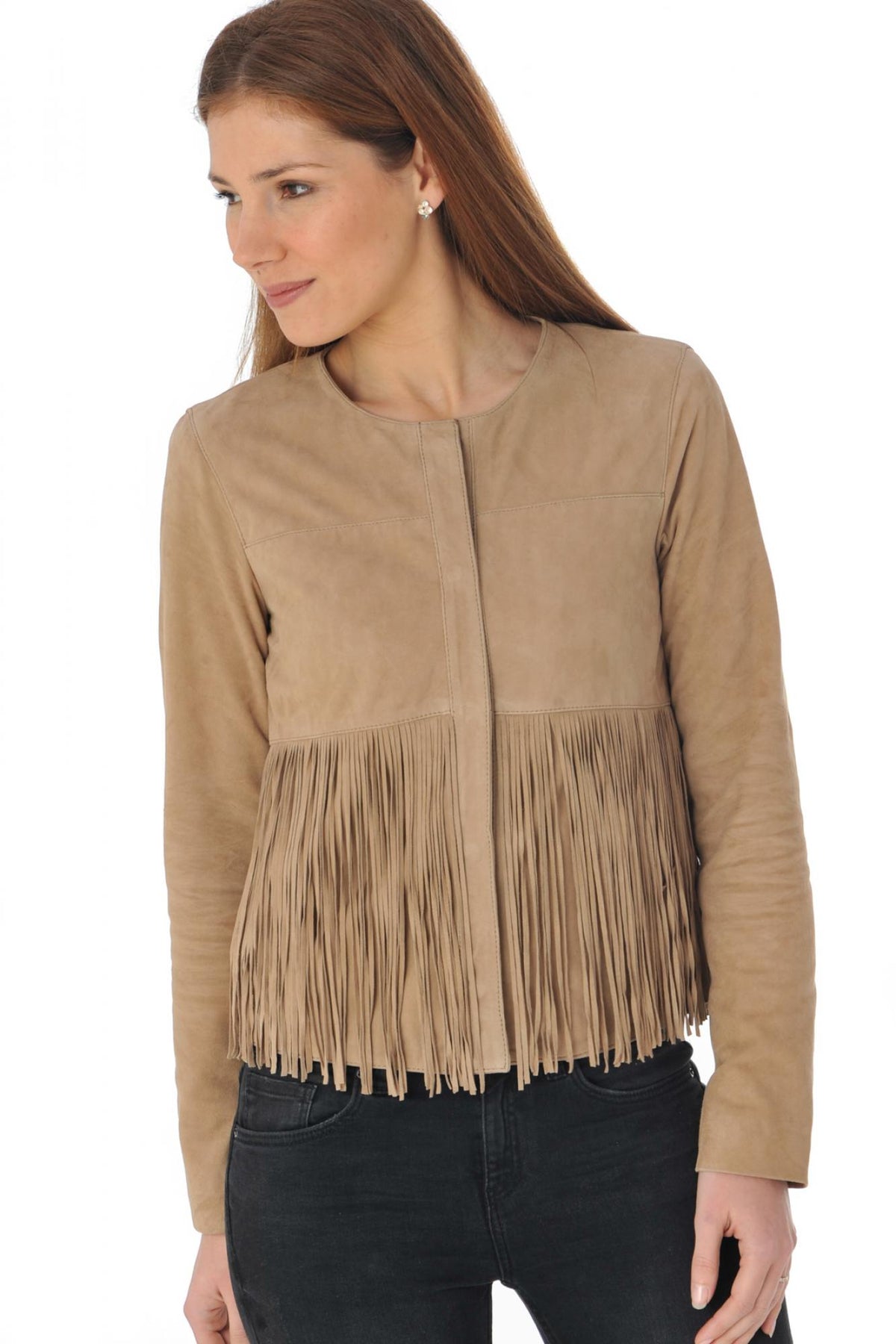 Suede-look leather jacket with braid and fringes - Image n°3