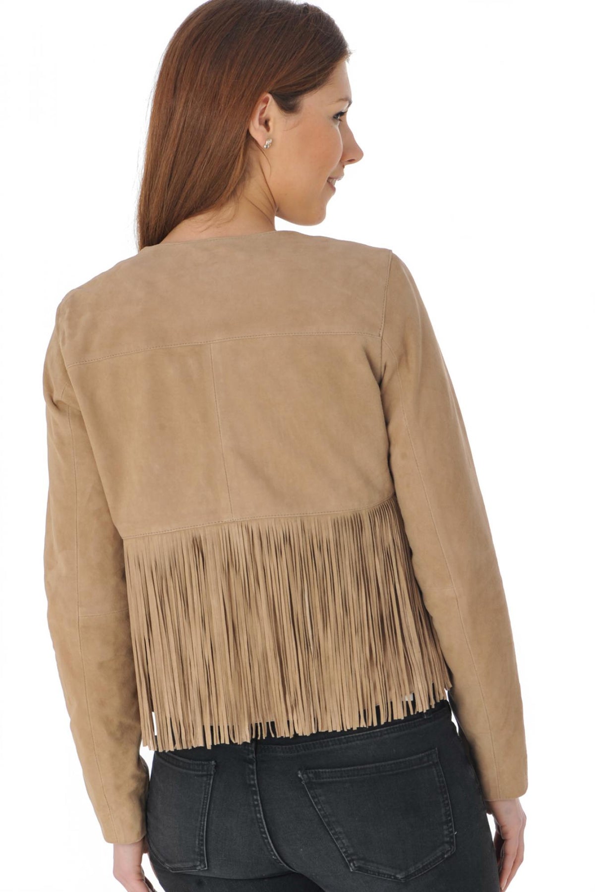 Suede-look leather jacket with braid and fringes - Image n°5