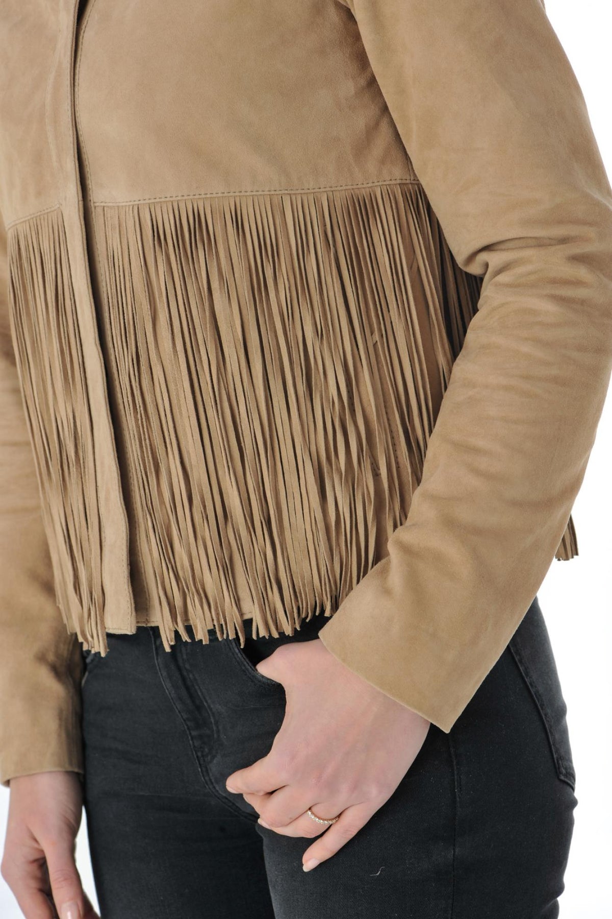 Suede-look leather jacket with braid and fringes - Image n°7