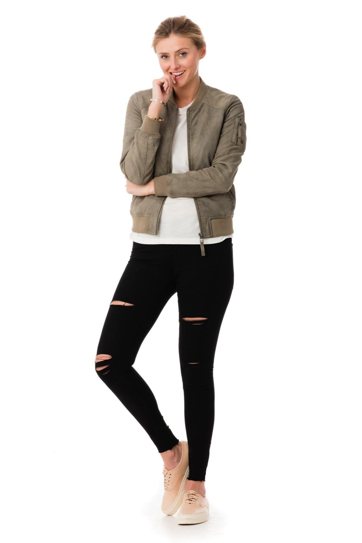 Women's gray sheepskin leather bomber jacket - Image n°2