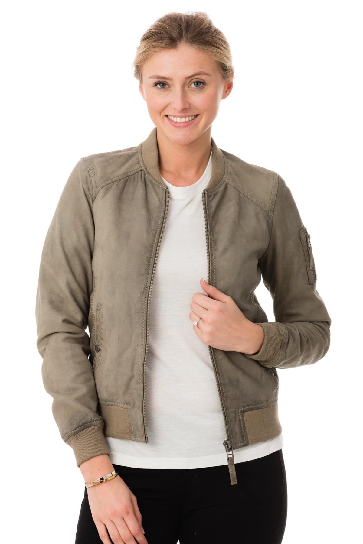 Women's gray sheepskin leather bomber jacket - Image n°3