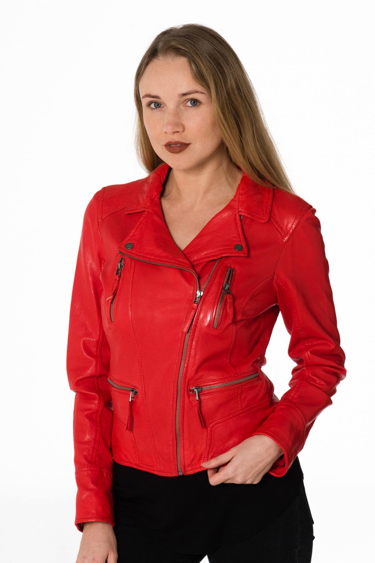 Dark red sheepskin leather Biker Jacket - Image n°6