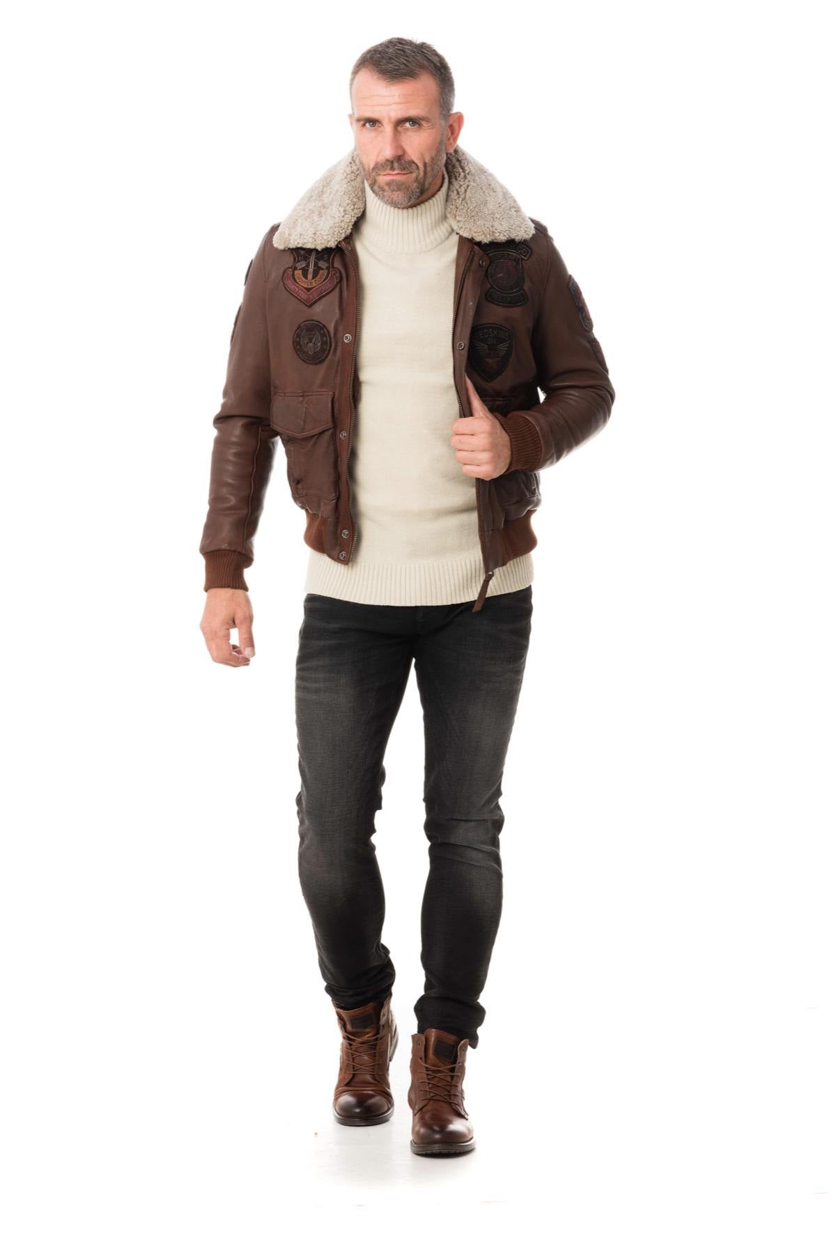 Leather bomber jacket with fur collar - Image n°2