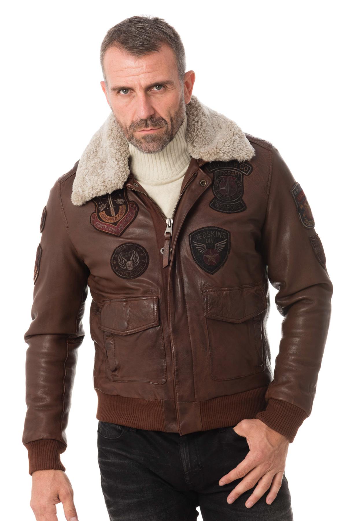 Leather bomber jacket with fur collar - Image n°1