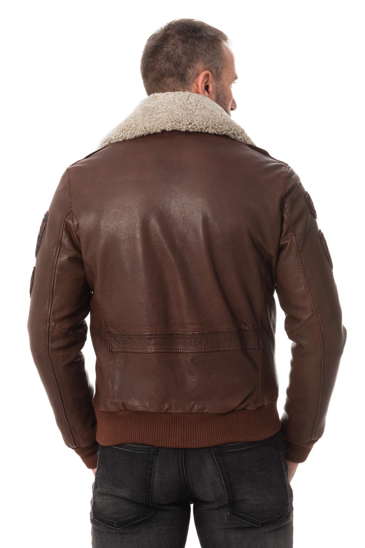 Leather bomber jacket with fur collar - Image n°5