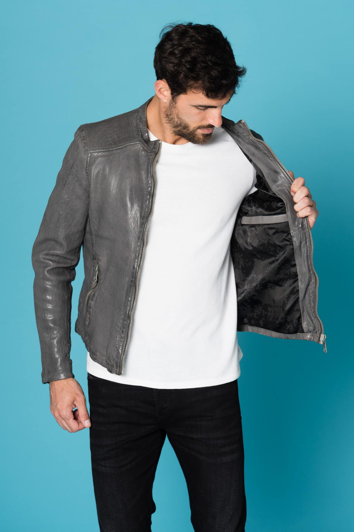 Men's gray sheepskin leather jacket Redskins - Image n°5