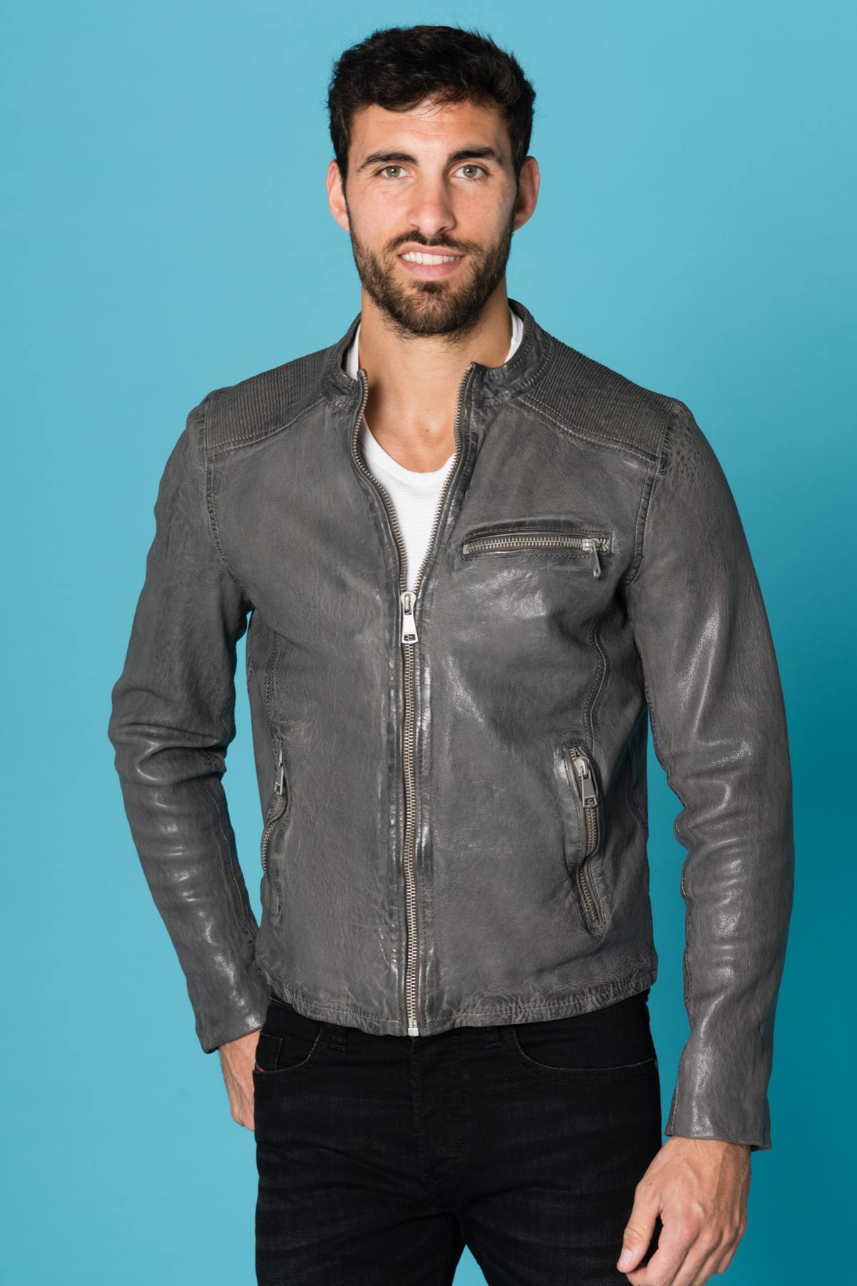 Men's gray sheepskin leather jacket Redskins - Image n°3