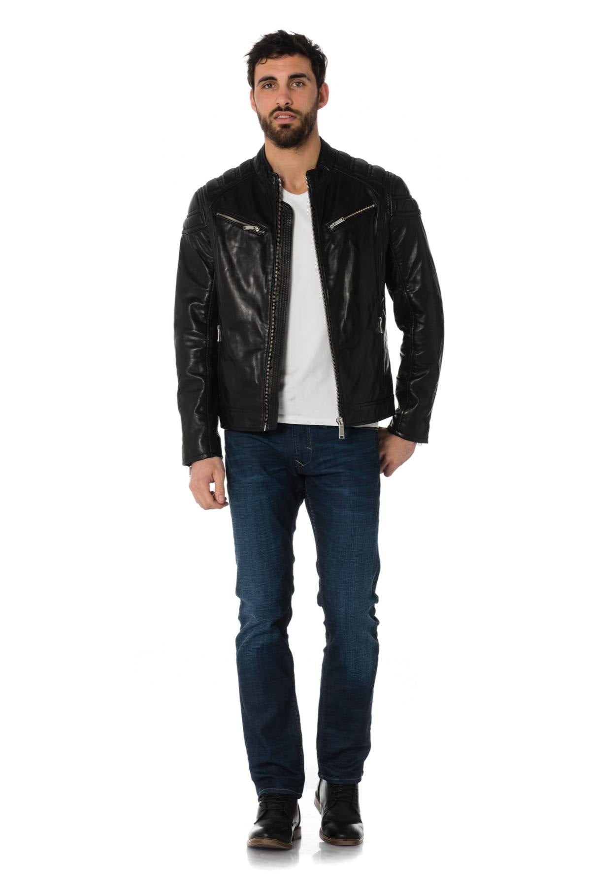 Biker-style jacket in black sheepskin - Image n°2