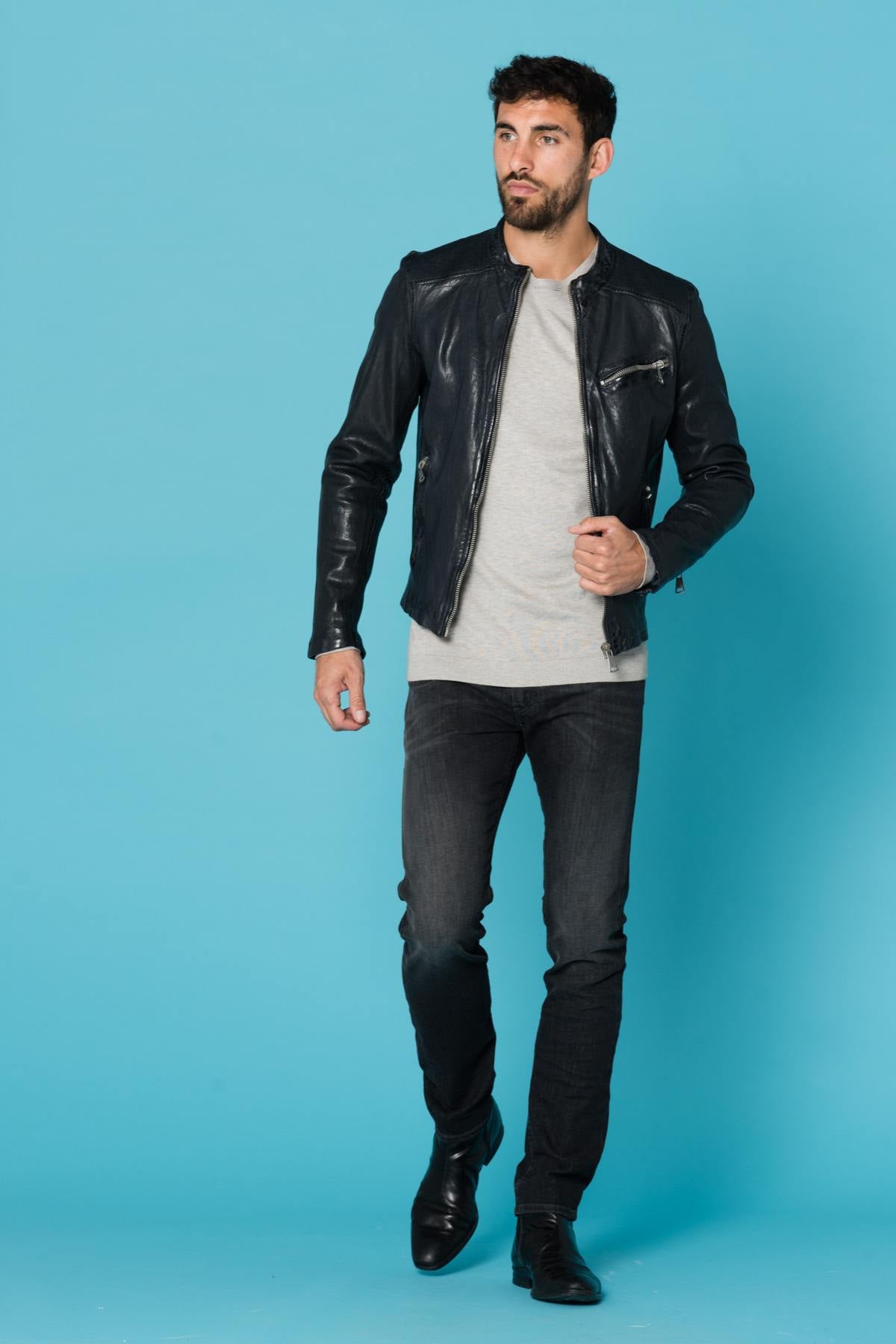 Men's navy blue sheepskin leather biker jacket - Image n°2