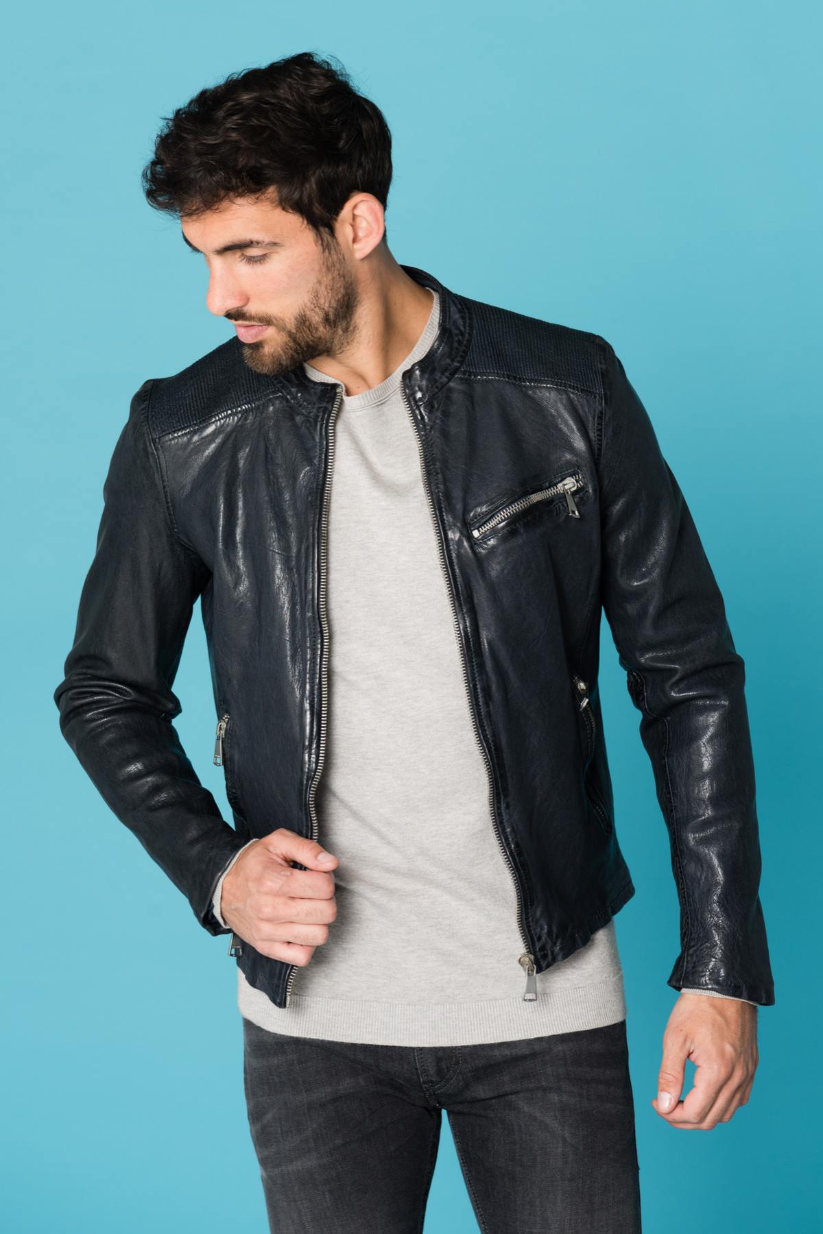 Men's navy blue sheepskin leather biker jacket - Image n°3