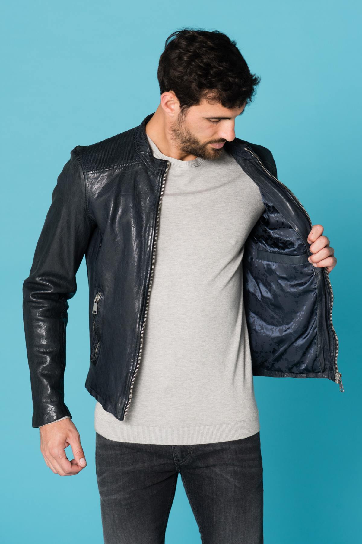 Men's navy blue sheepskin leather biker jacket - Image n°4