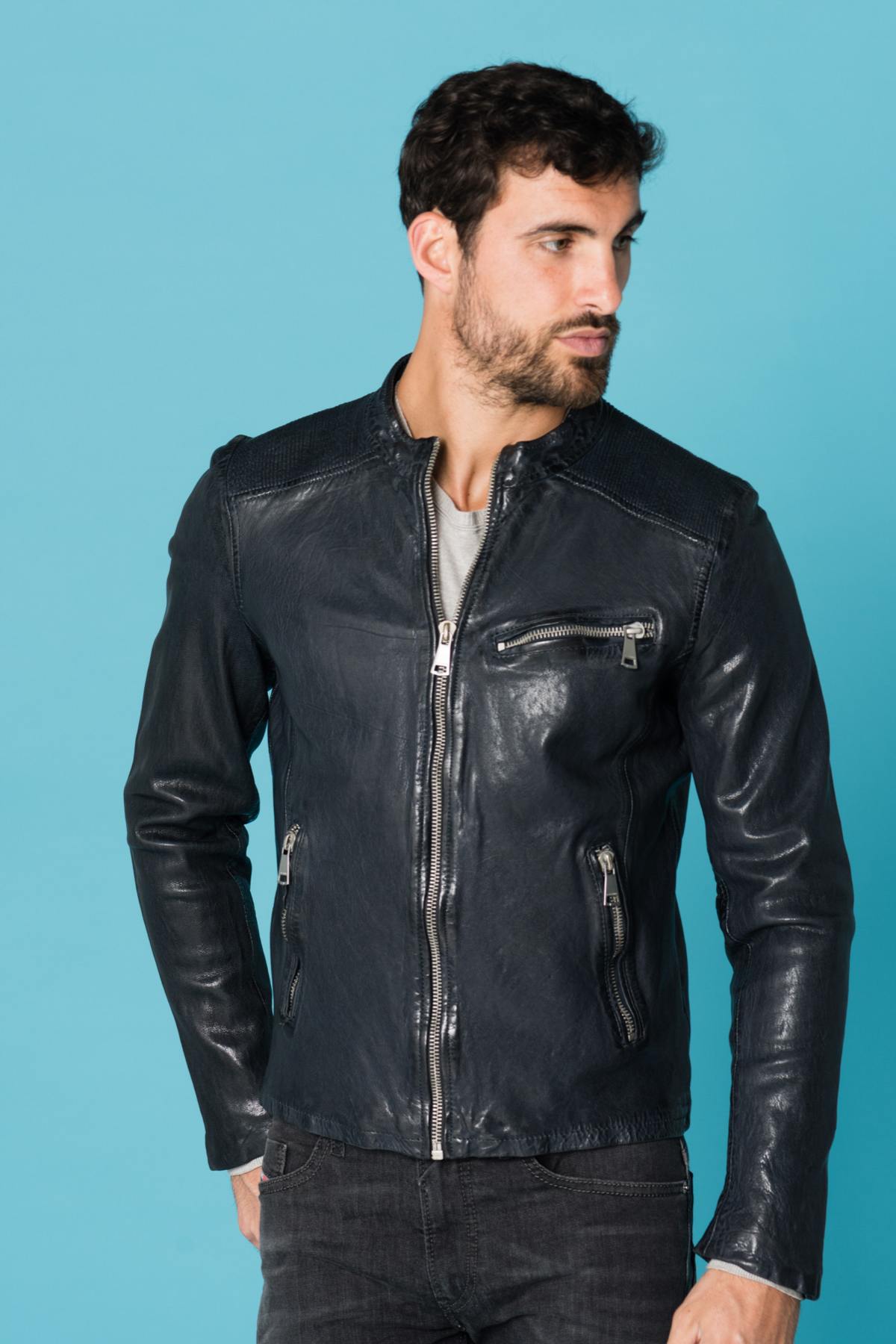 Men's navy blue sheepskin leather biker jacket - Image n°6