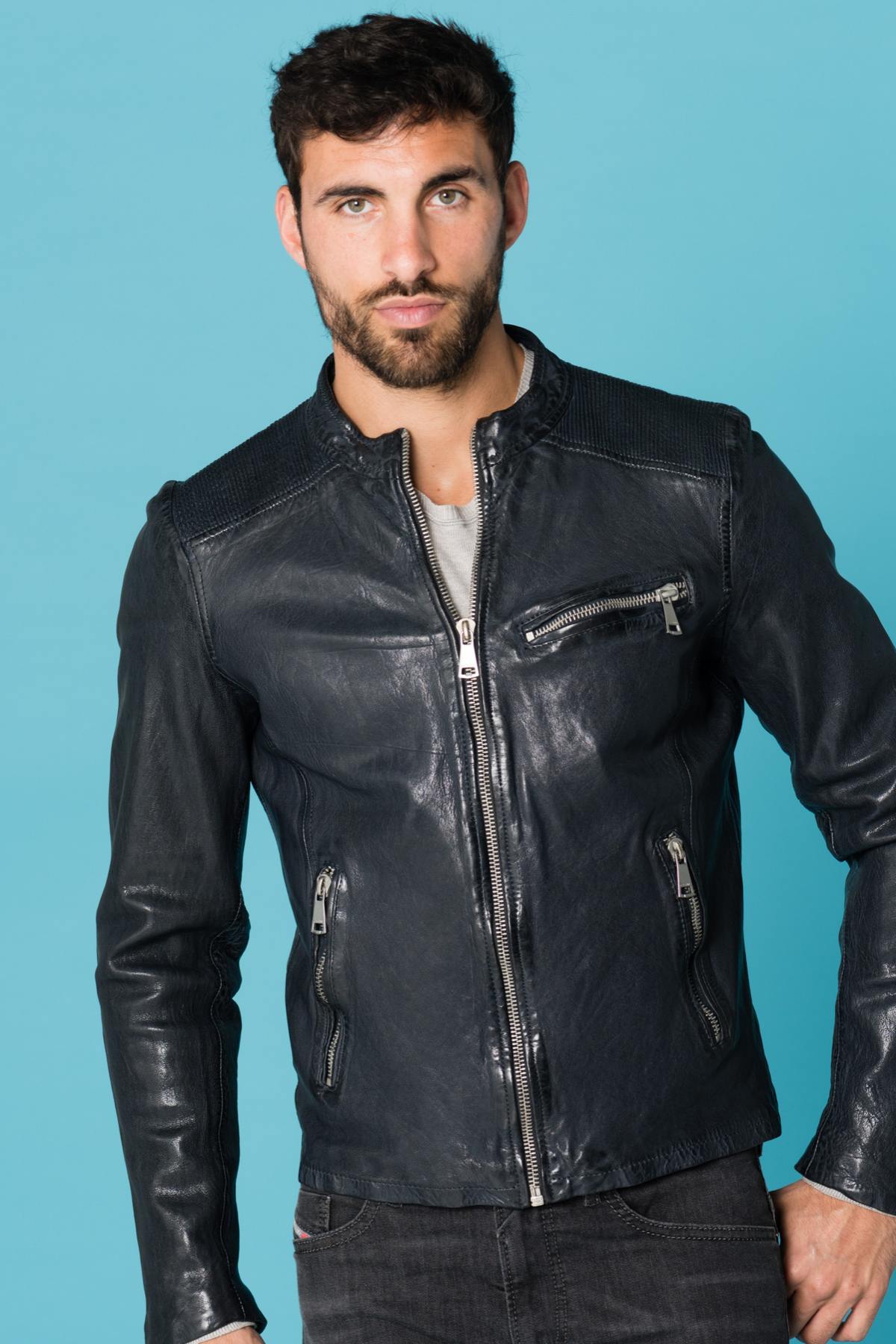 Men's navy blue sheepskin leather biker jacket - Image n°1