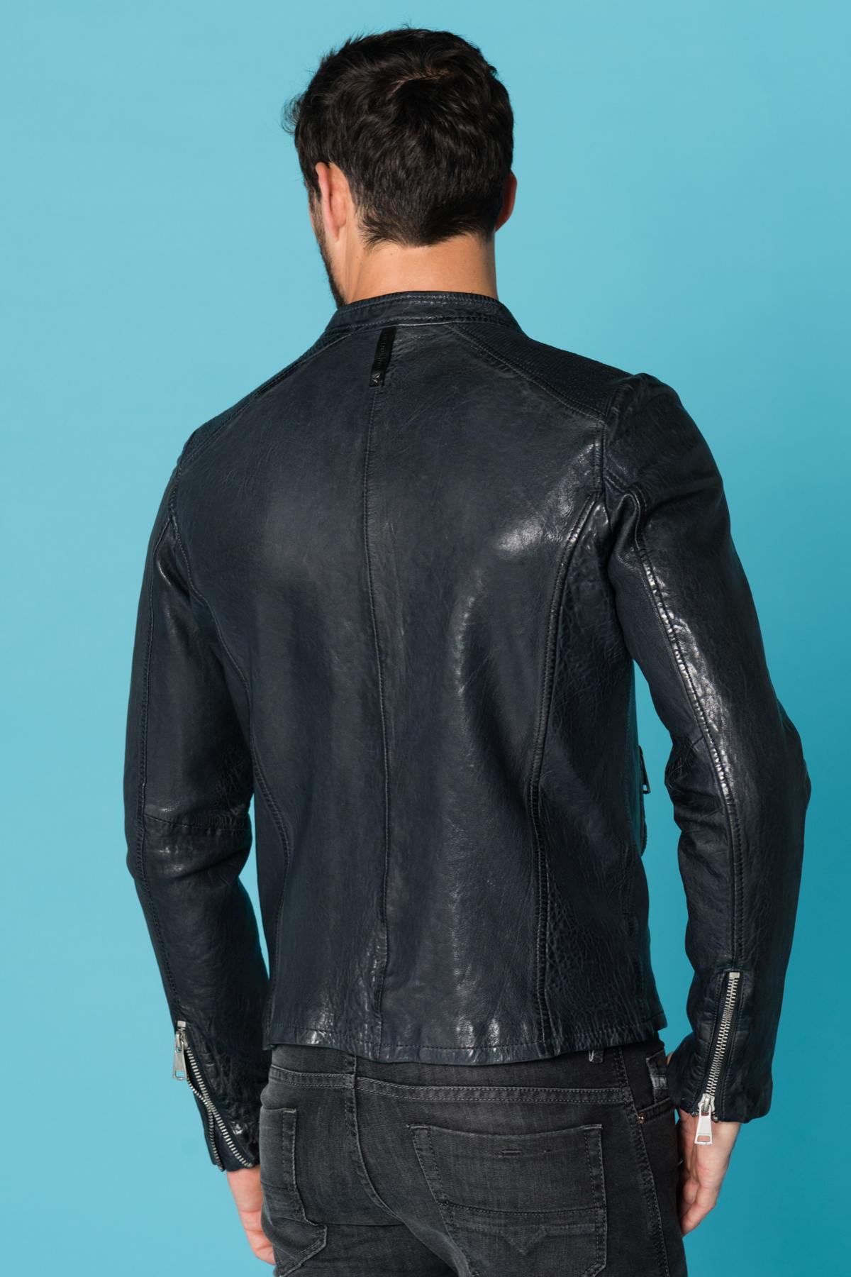 Men's navy blue sheepskin leather biker jacket - Image n°5