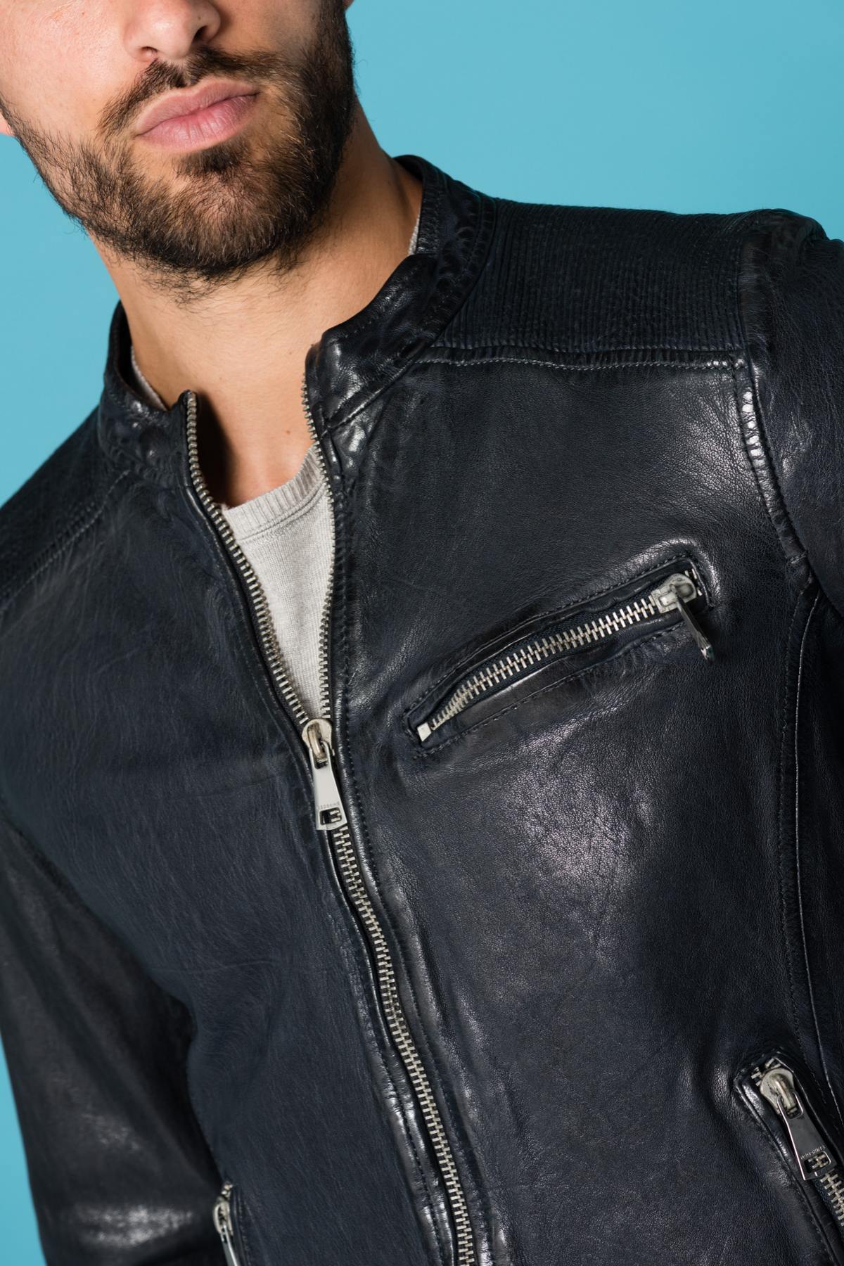 Men's navy blue sheepskin leather biker jacket - Image n°7