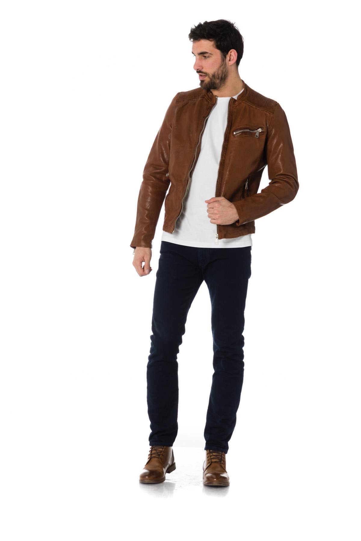 Cognac sheepskin leather jacket - Image n°2