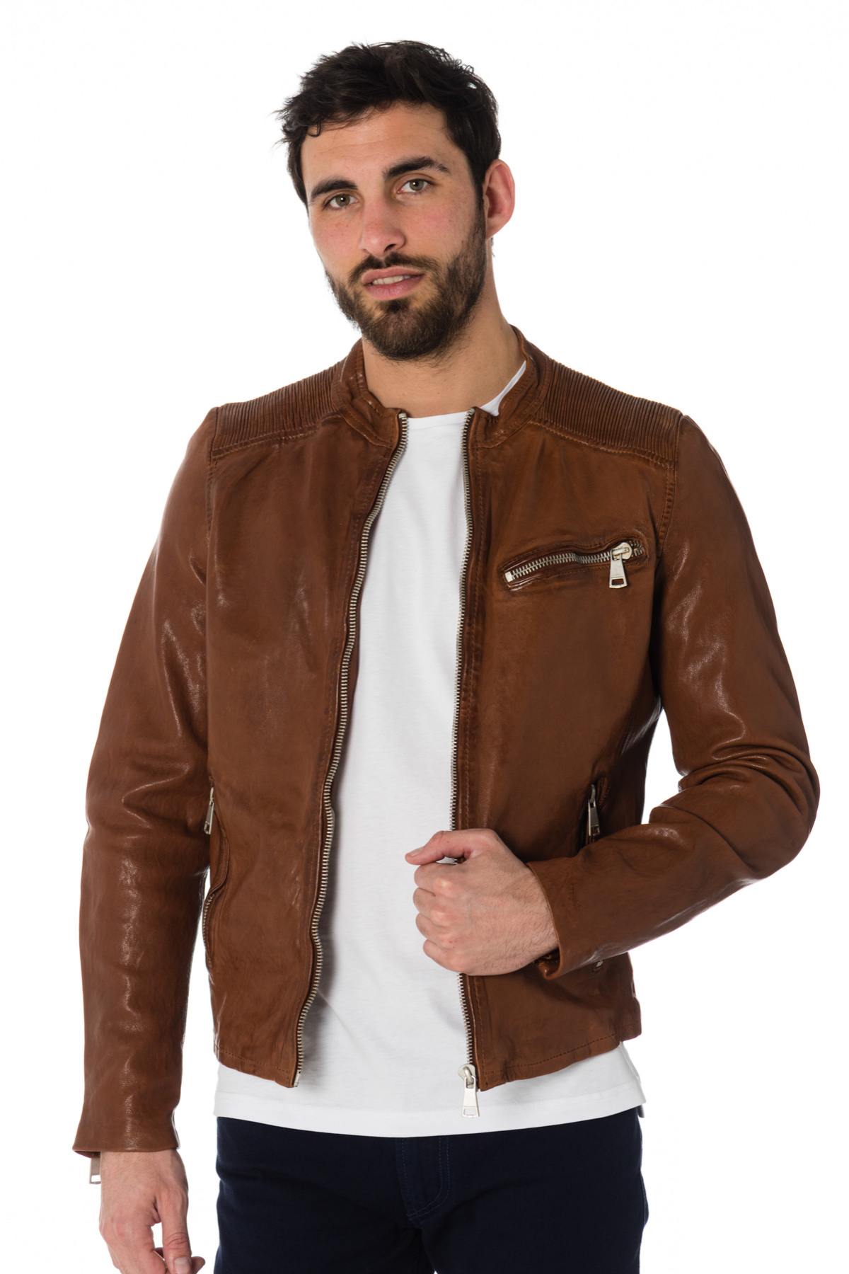 Cognac sheepskin leather jacket - Image n°3