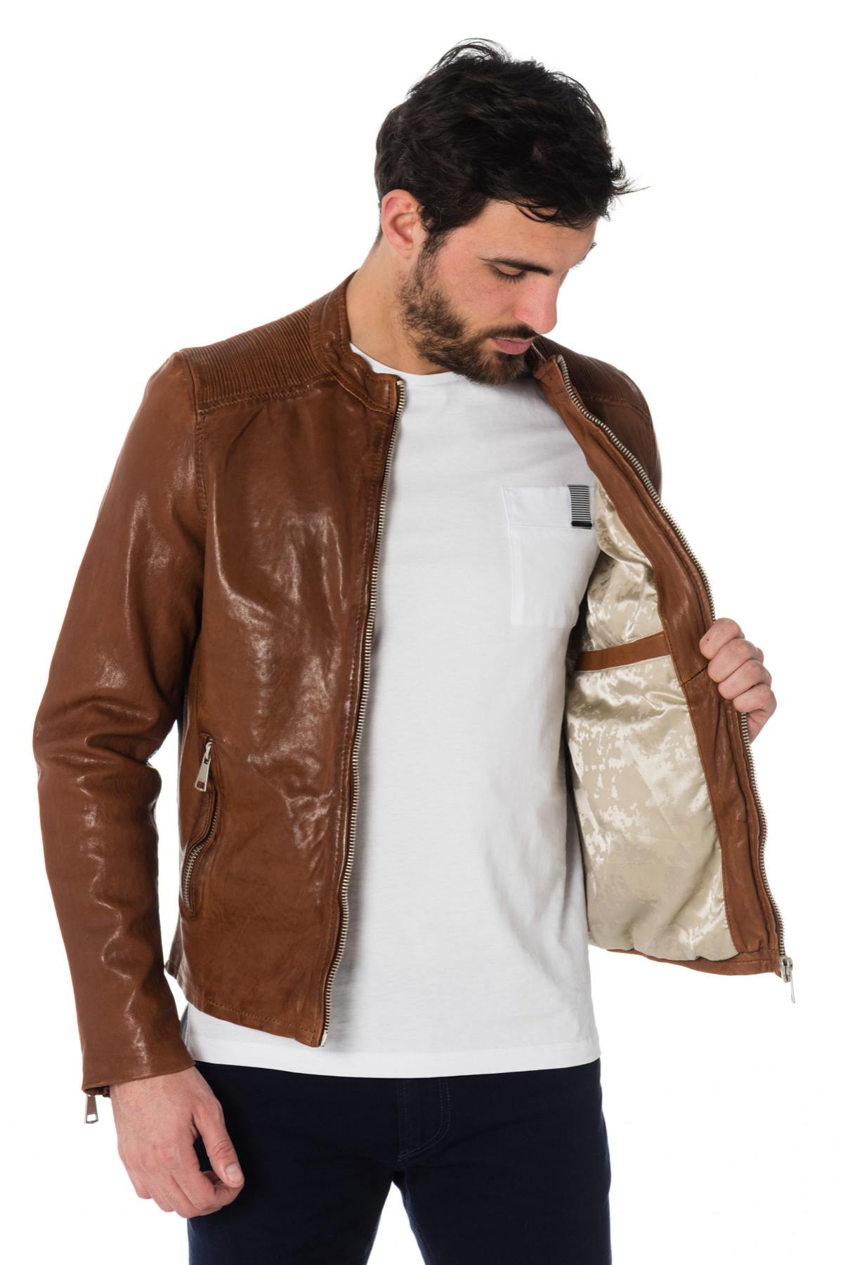 Cognac sheepskin leather jacket - Image n°4