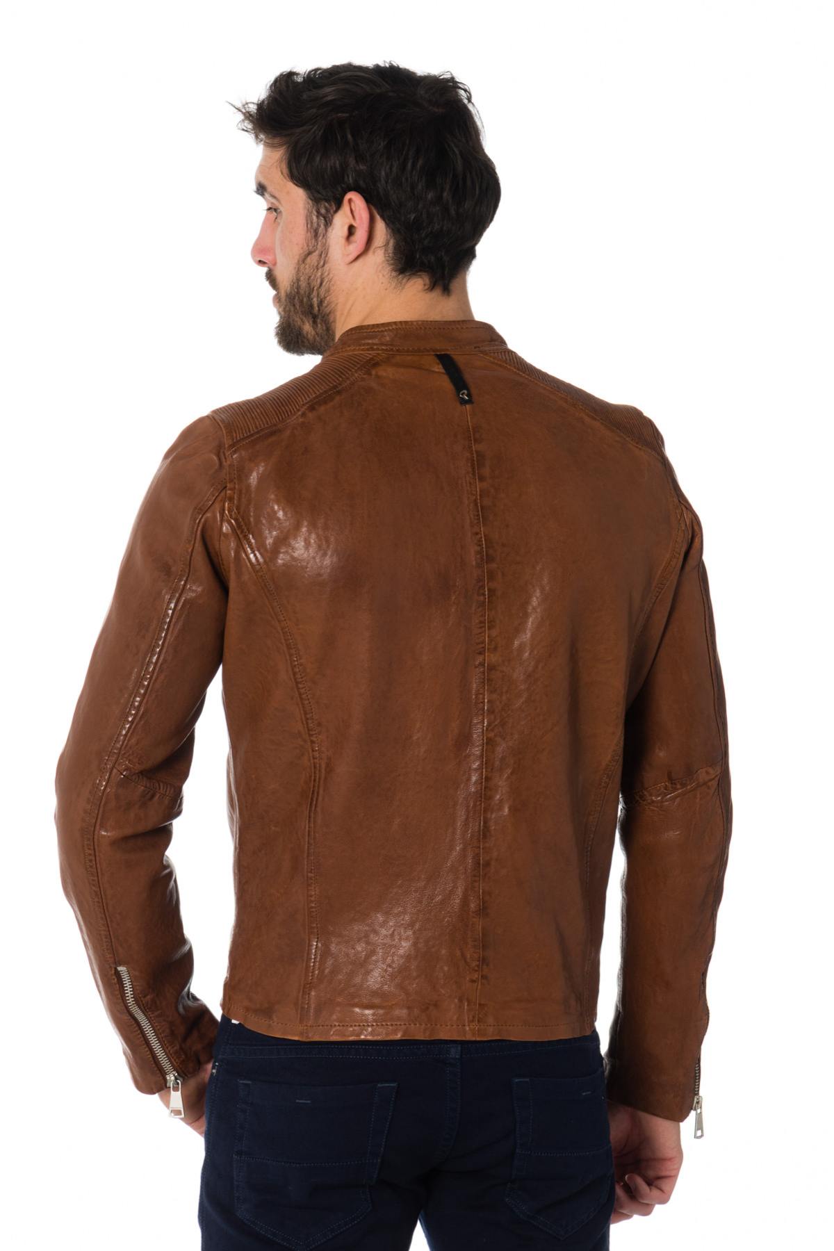 Cognac sheepskin leather jacket - Image n°5