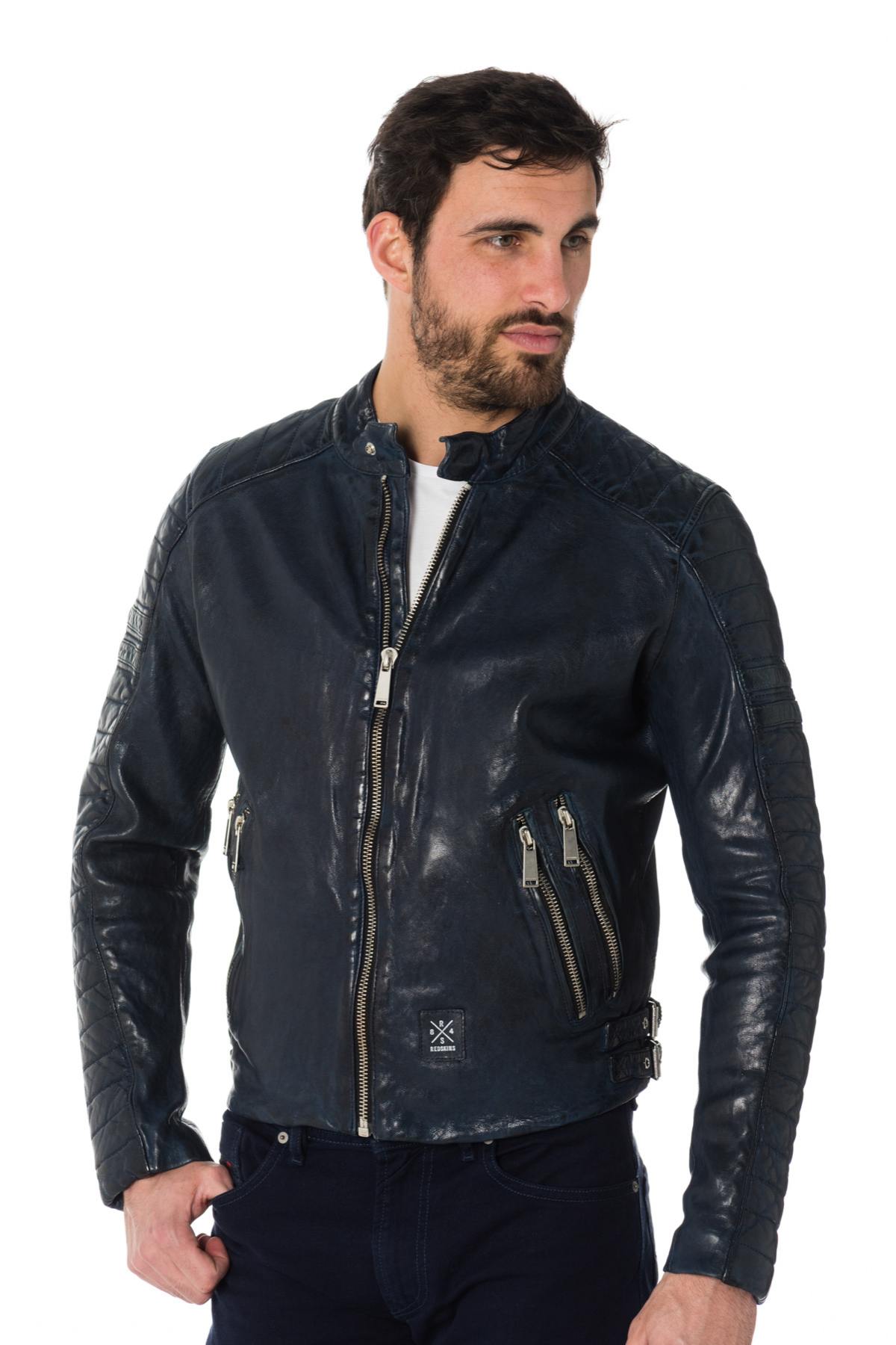  Distressed navy blue sheepskin leather jacket - Image n°1