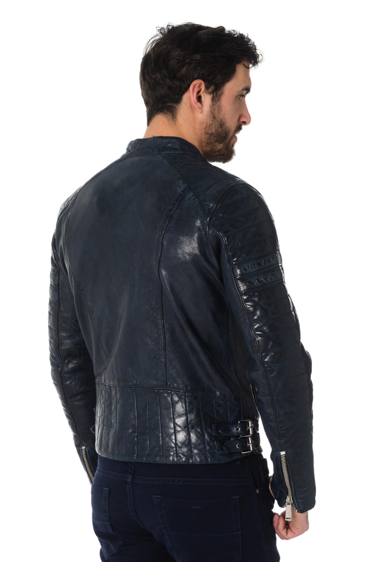  Distressed navy blue sheepskin leather jacket - Image n°5