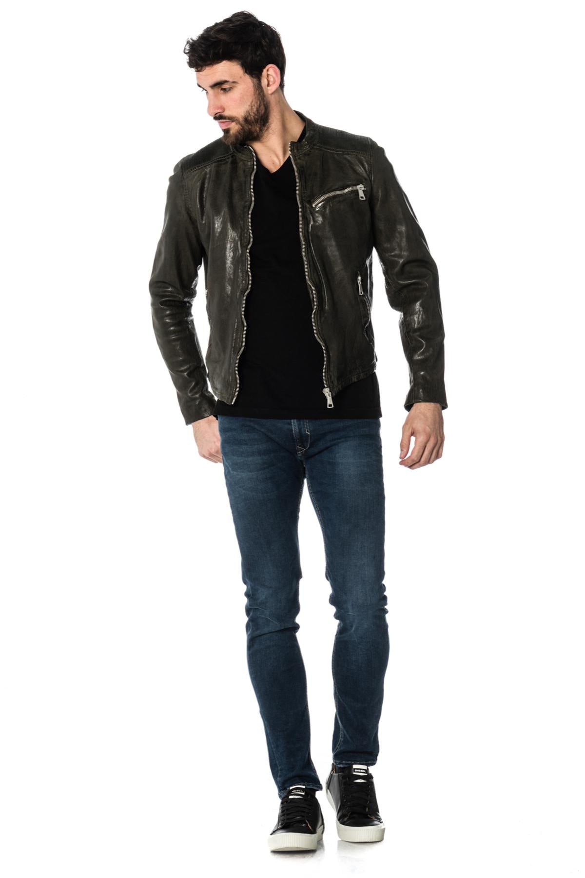 Distressed khaki sheepskin leather jacket - Image n°2