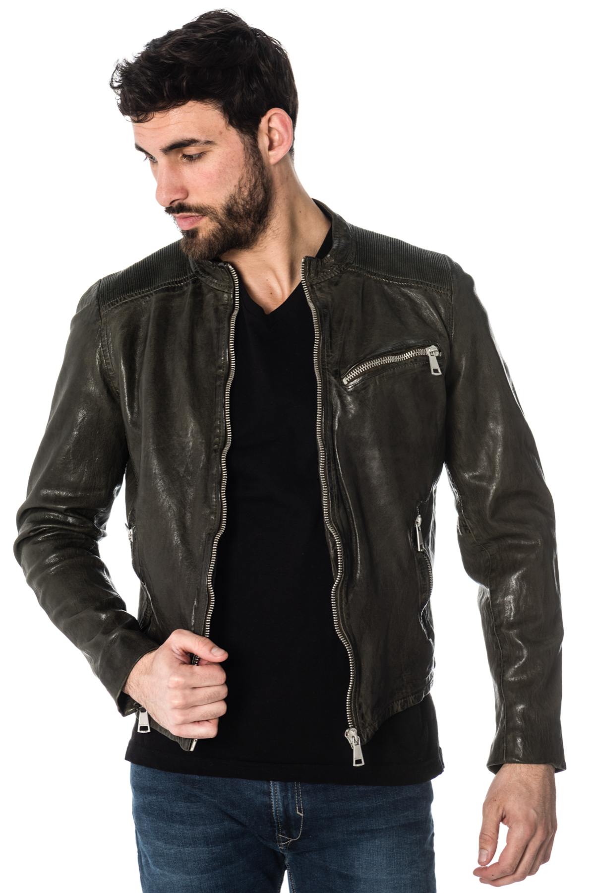 Distressed khaki sheepskin leather jacket - Image n°1