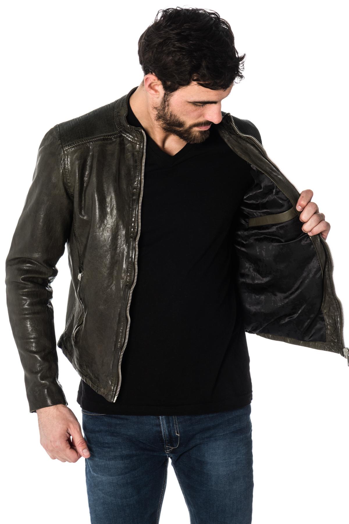 Distressed khaki sheepskin leather jacket - Image n°3